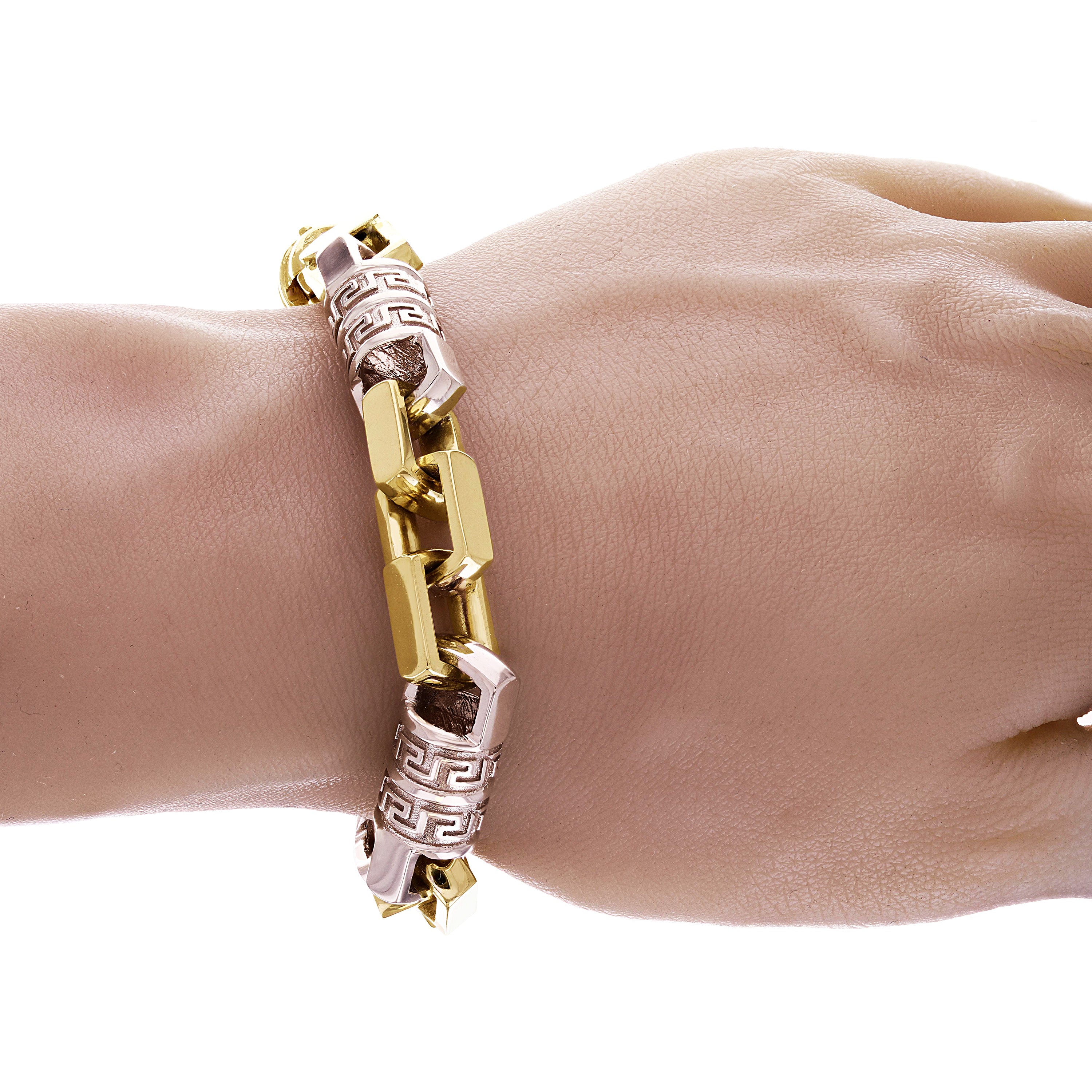 14k Two Tone Gold Solid Handmade Greek Key Link Bracelet 11mm 8.5" 97.6 grams - 8.5" 97.6 grams