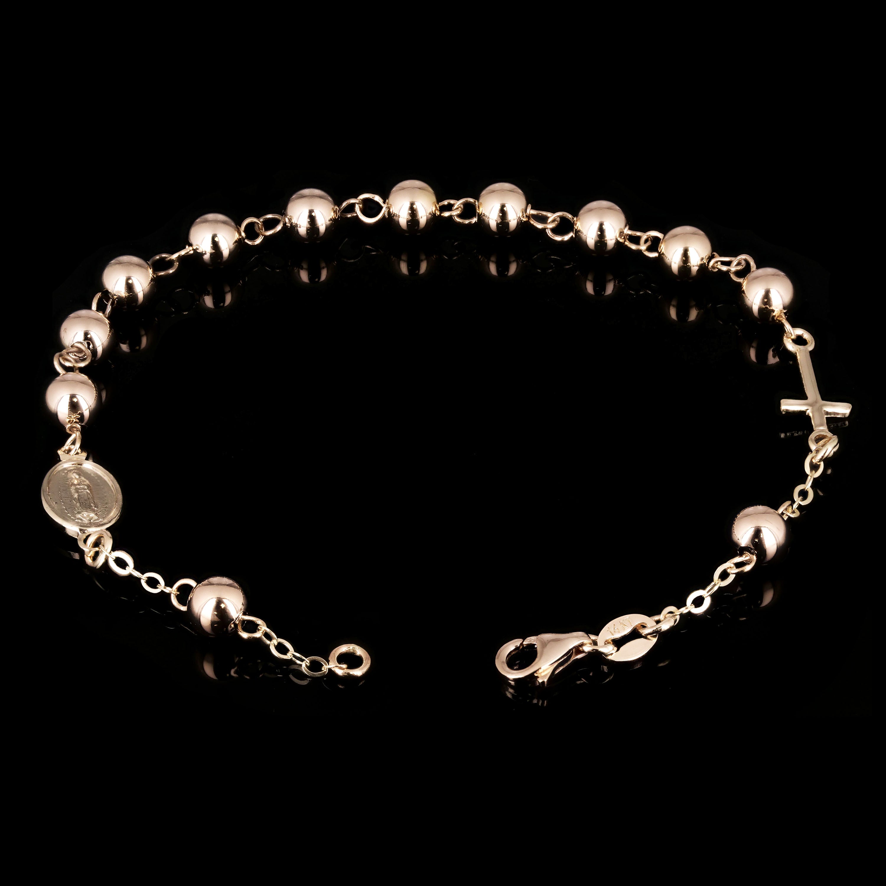 Italian 14k Yellow Gold Miraculous Medal Charm Rosary Bracelet 7.5" 5mm 3.5grams