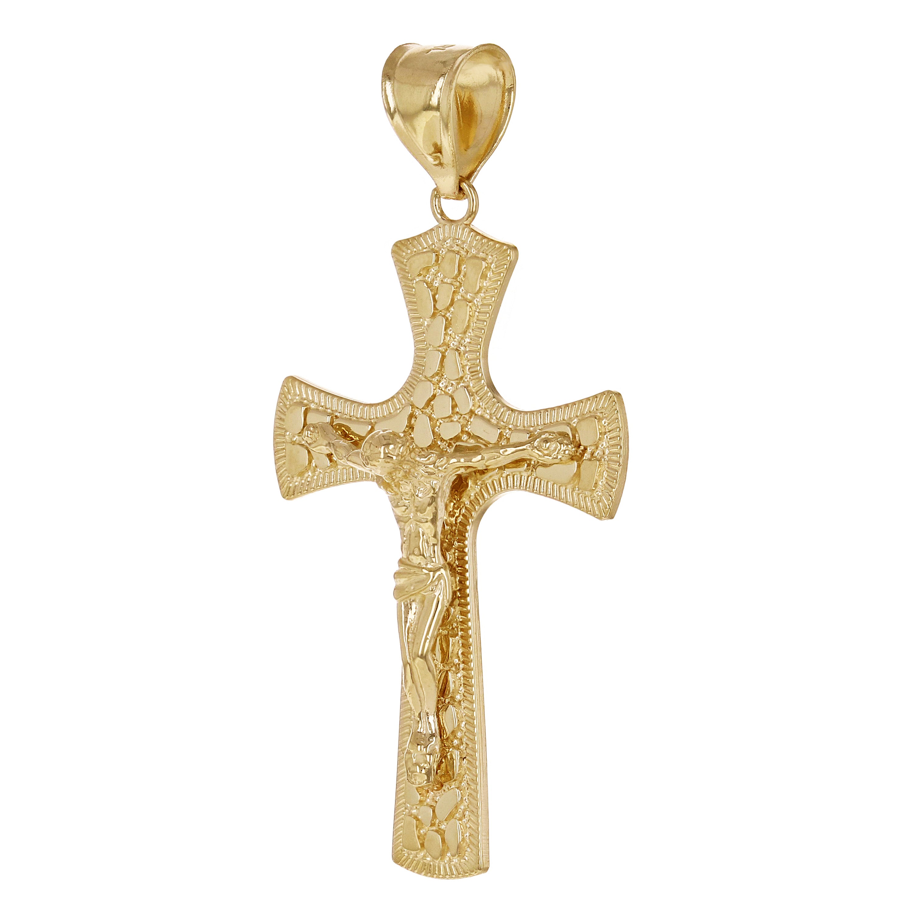 14k Yellow Gold Nugget Design Jesus Crucifix Cross Charm Pendant 1.8" 3.8 grams