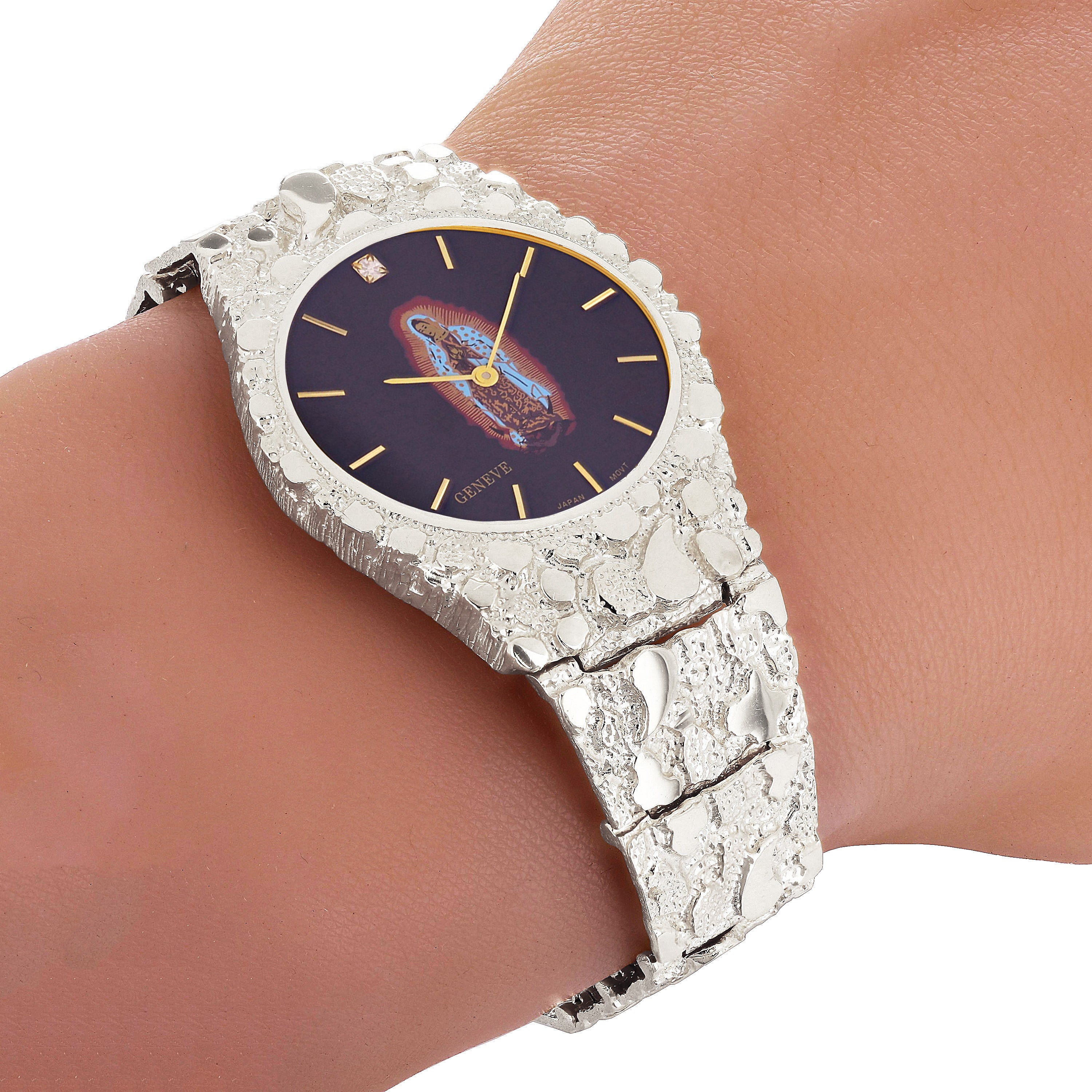 925 Sterling Silver Nugget Link Band Geneve Guadalupe Diamond Watch 8-8.5" 48 grams - 8" 48 grams