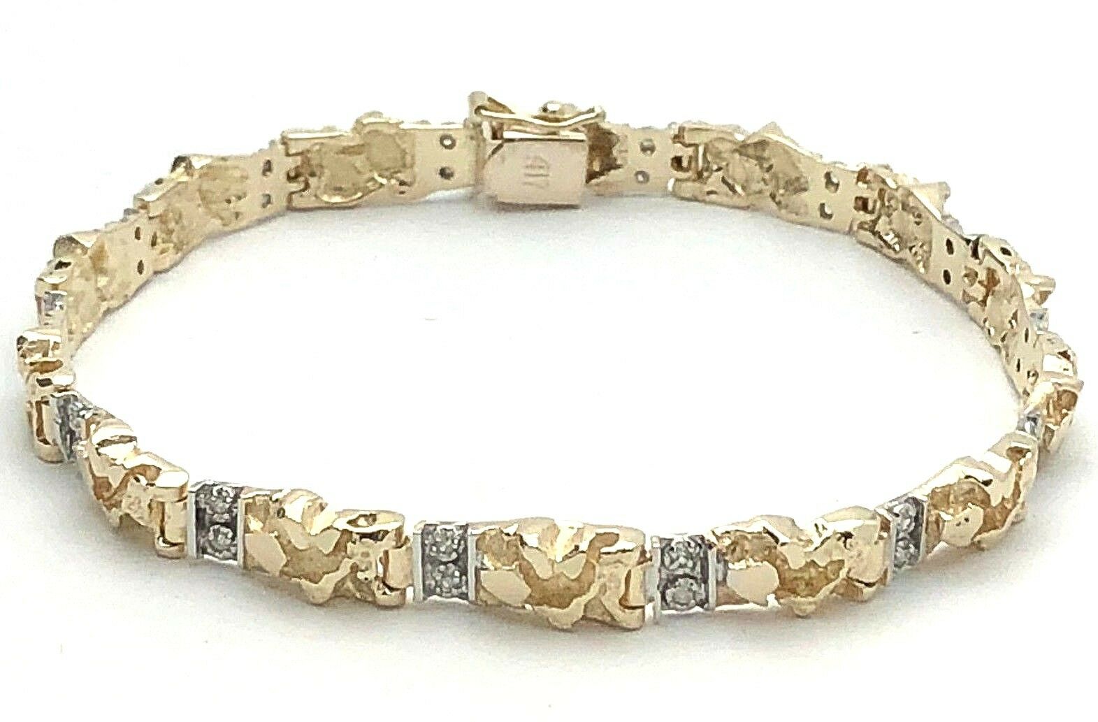 10k Yellow Gold Nugget Bracelet with Natural Round Diamonds 7.75" 6mm