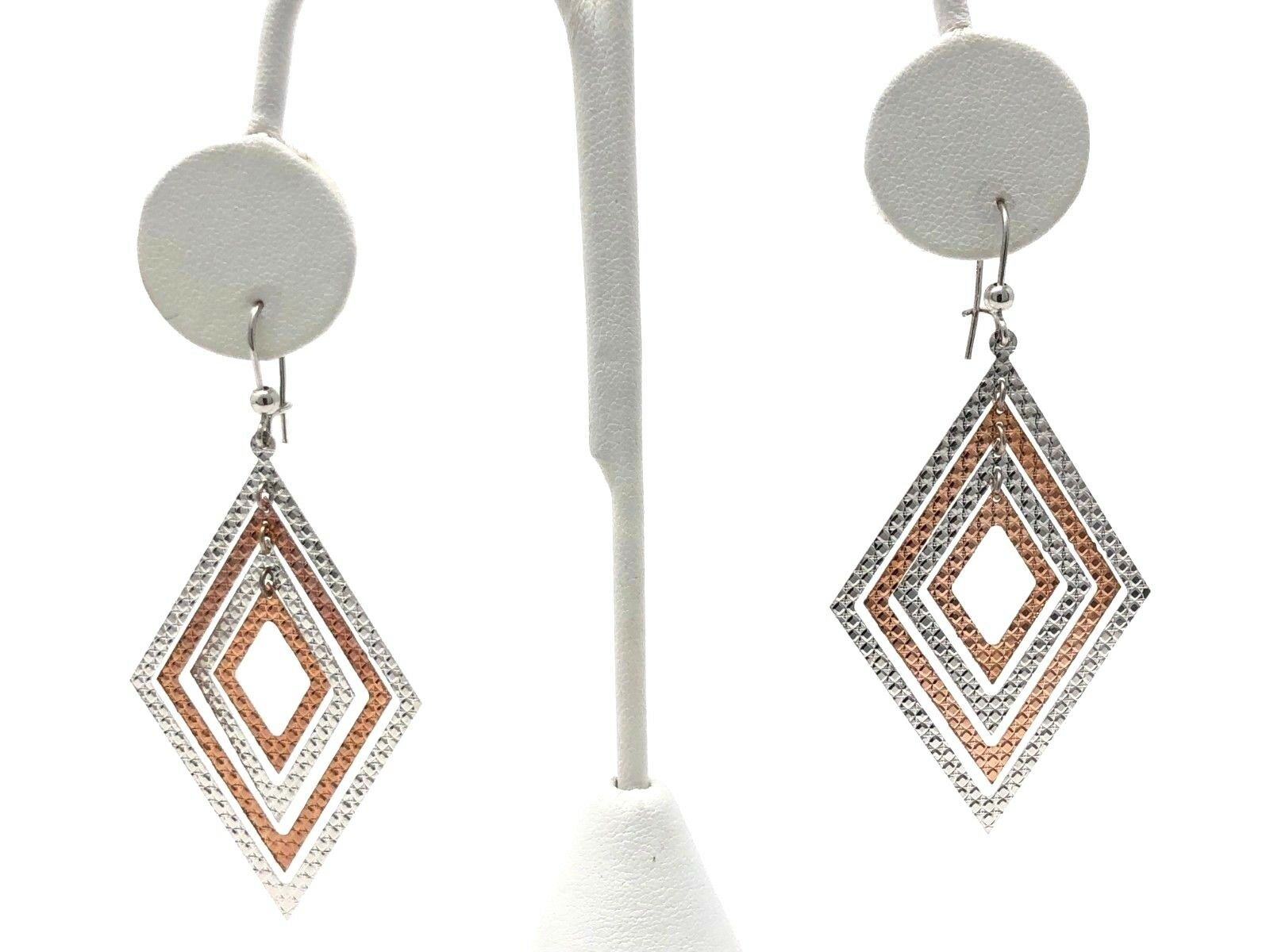 Italian 14k Two Tone Gold Diamond Cut Diamond Shape Dangle Earrings 2.6" 4.9g