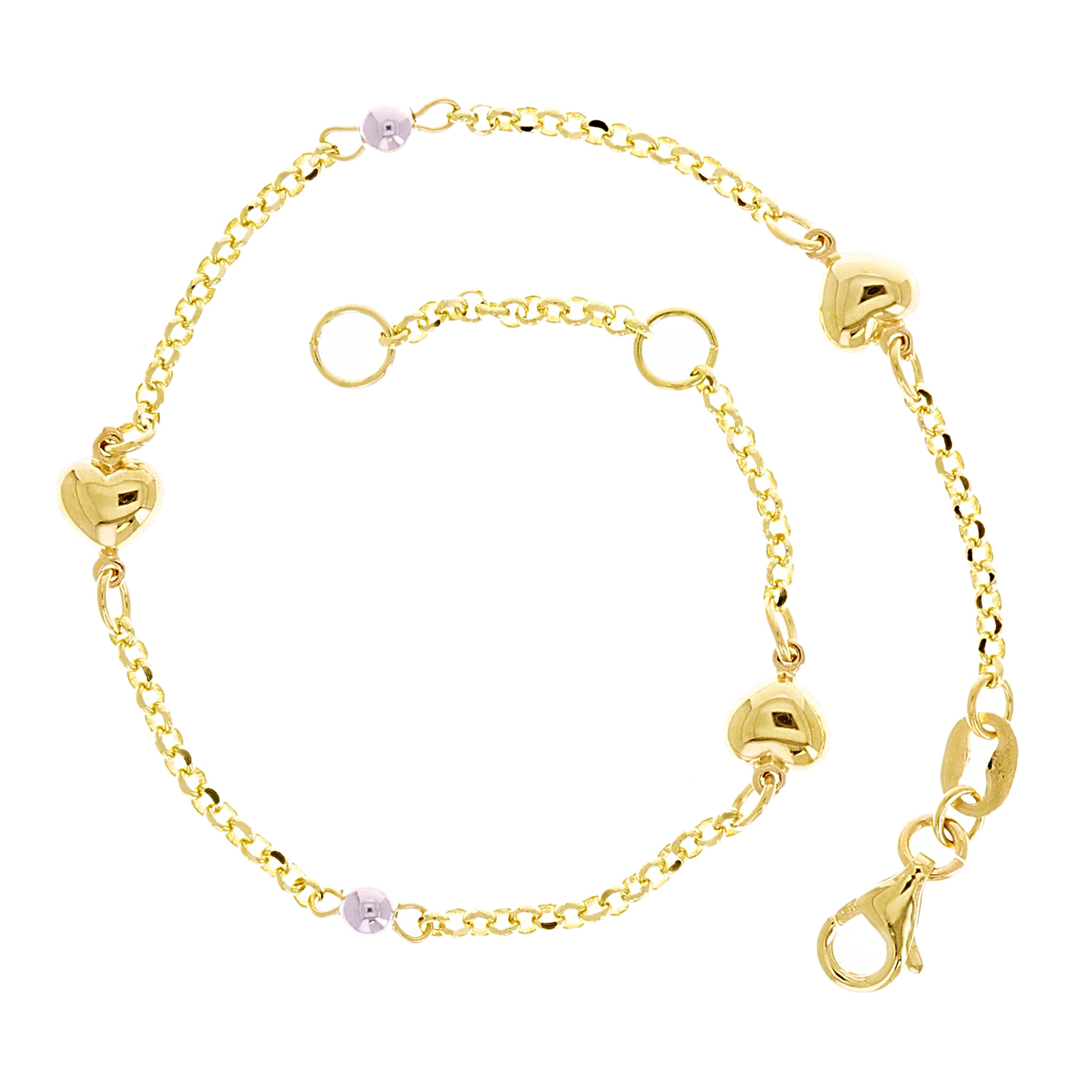 Italian 14k Two-Tone Gold Heart Charm Station Bracelet 7" 5.5mm 2.3 grams