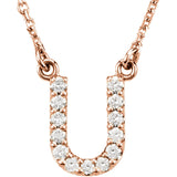 14k Rose Gold Diamond Initial Letter U Alphabet Rolo Pendant Necklace 18" - Letter U,Rose