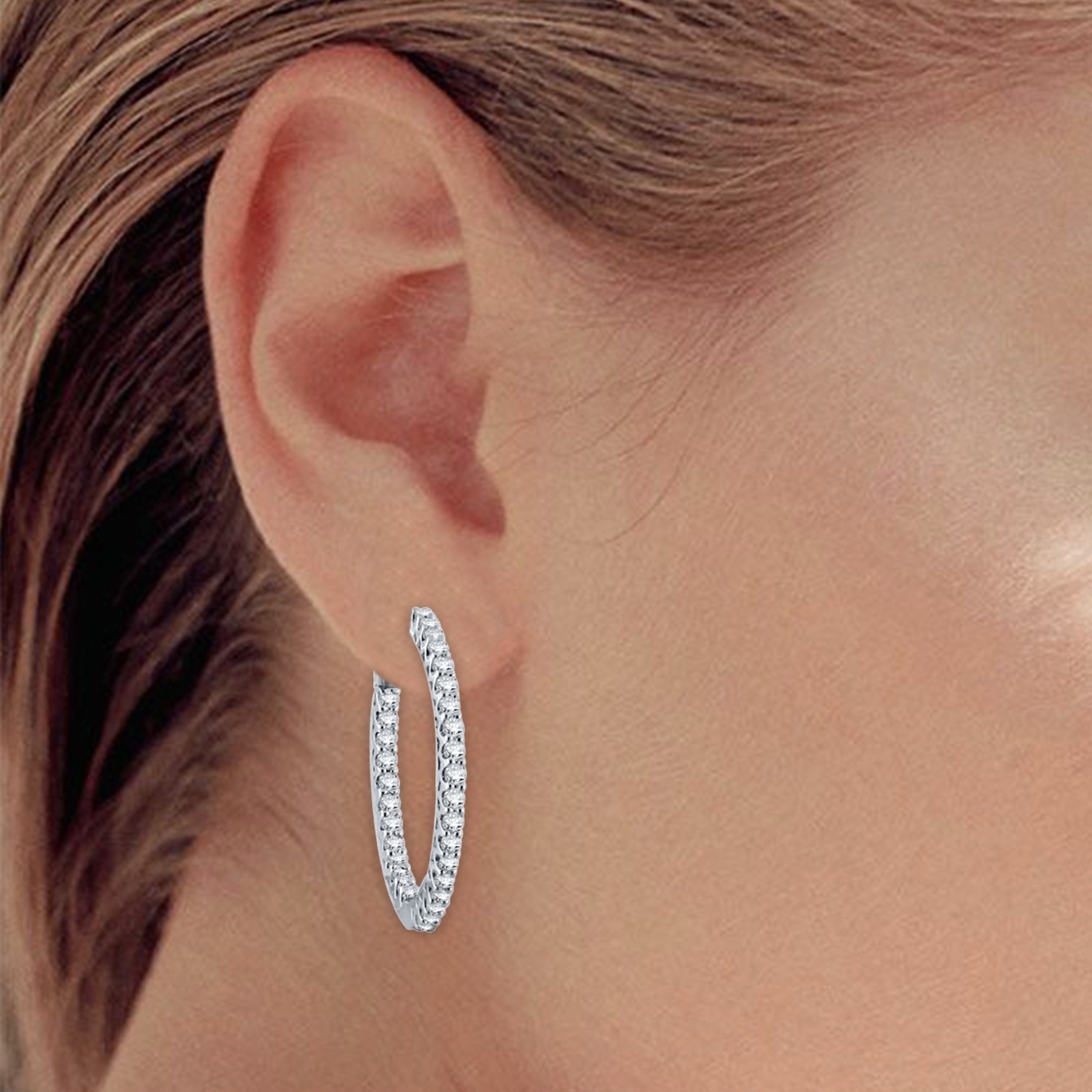 14k White Gold 1ctw Diamond Inside Out Two-Sided Round Hinged Hoop Earrings