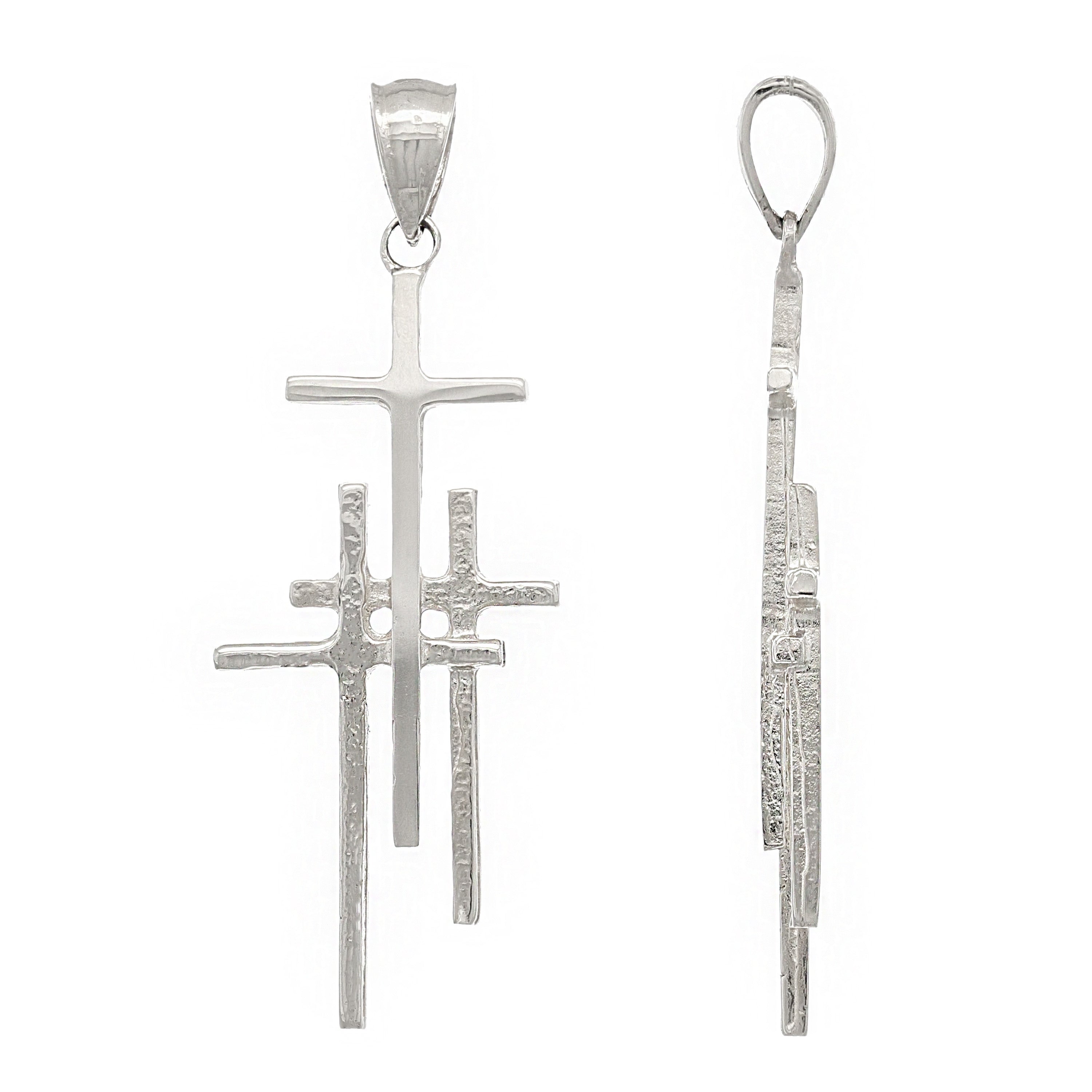 14k White Gold Solid Religious Calvary 3 Cross Charm Pendant 1.48" 2.1 grams - White