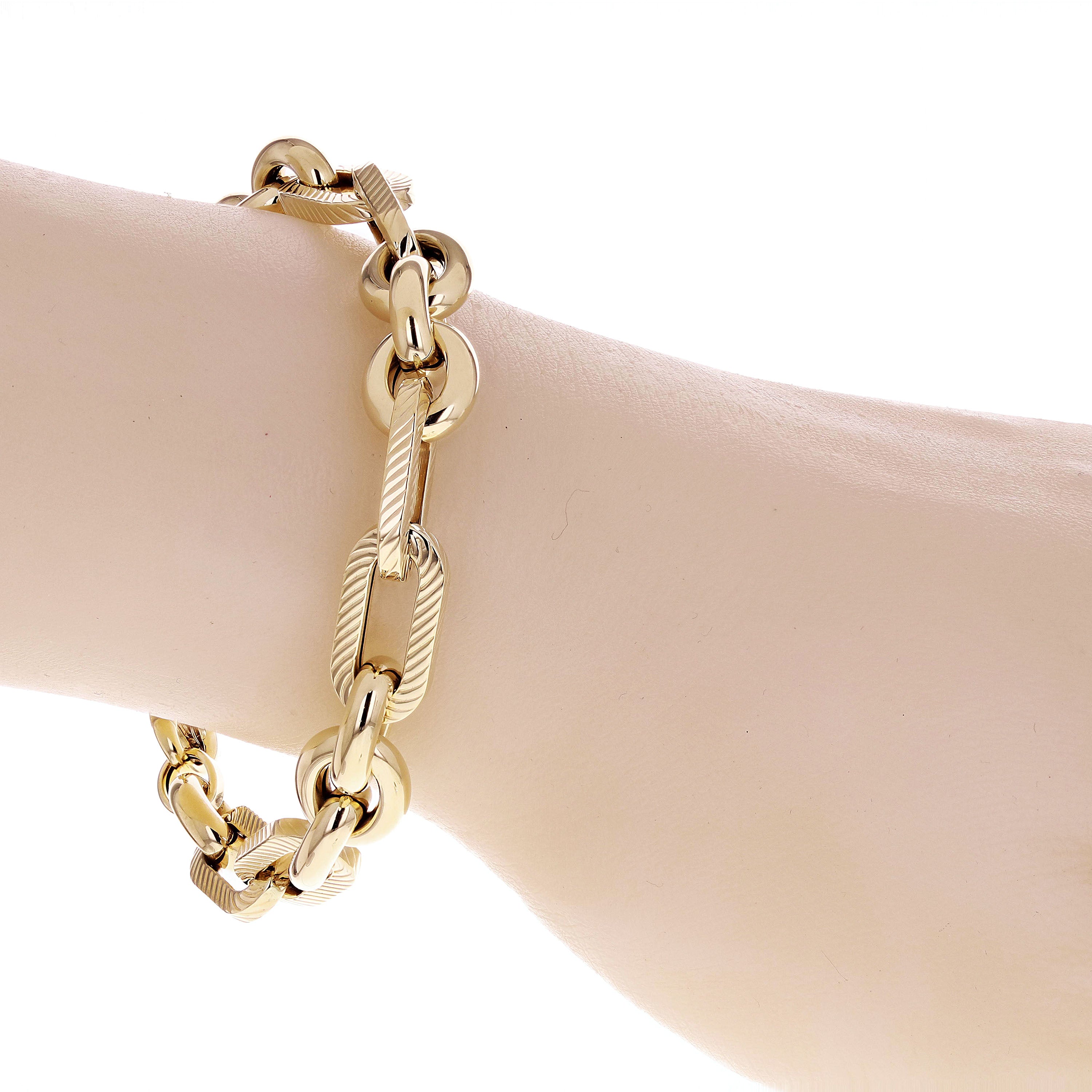 Italian 14k Yellow Gold Hollow Oval Textured & Round Bracelet 7.75" 10mm 10g