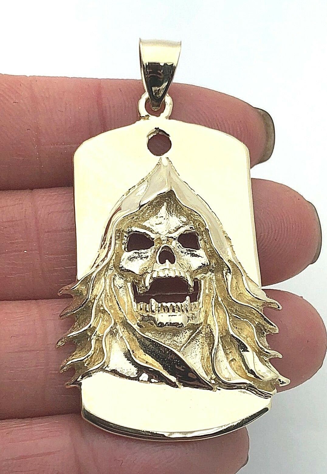 14k Yellow Gold Biker Punk Gothic Skull Face Dog Tag Pendant 13.5g