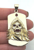 14k Yellow Gold Biker Punk Gothic Skull Face Dog Tag Pendant 13.5g