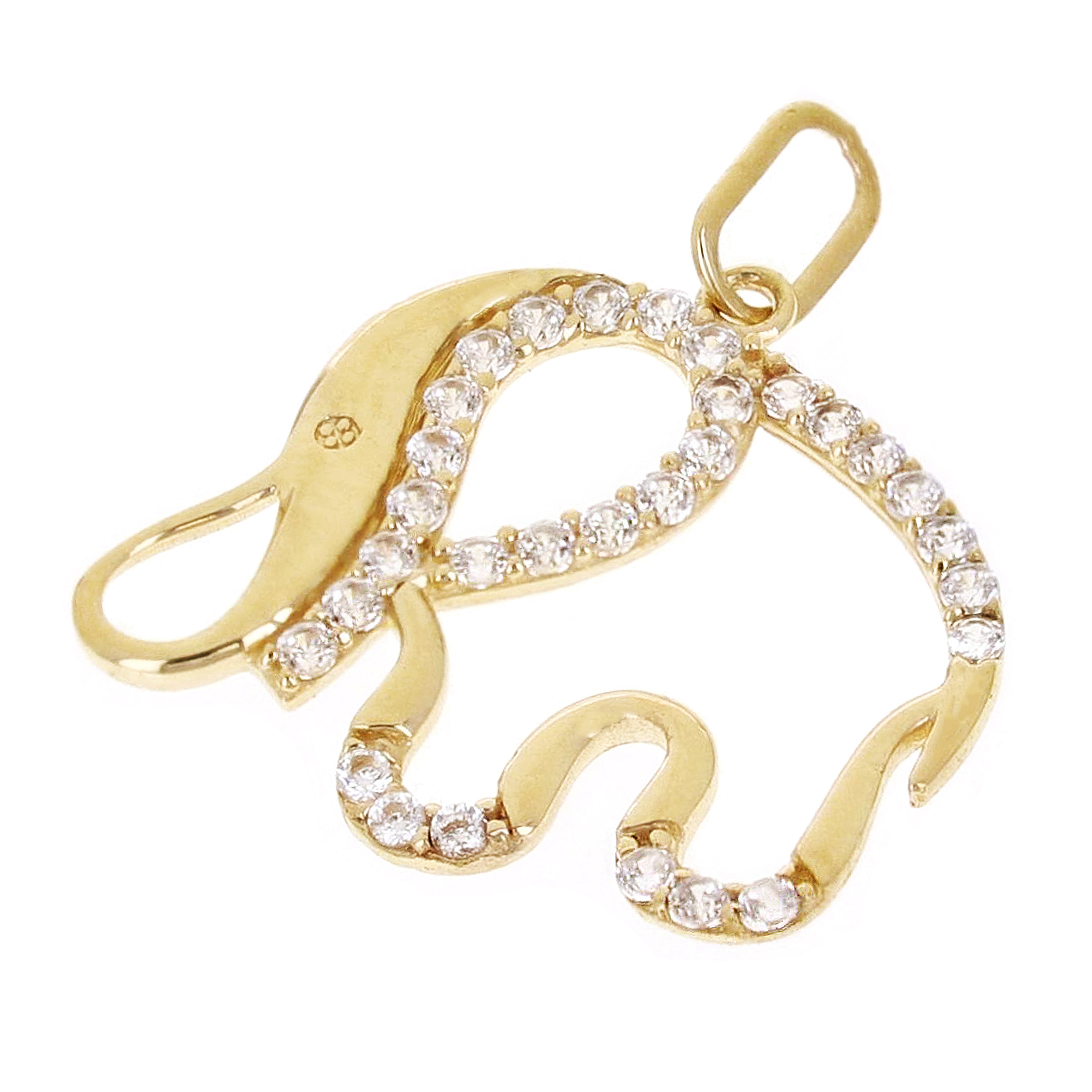 Italian 14k Yellow Gold Cut-Out Elephant Charm Pendant with Cubic Zirconia 1gram