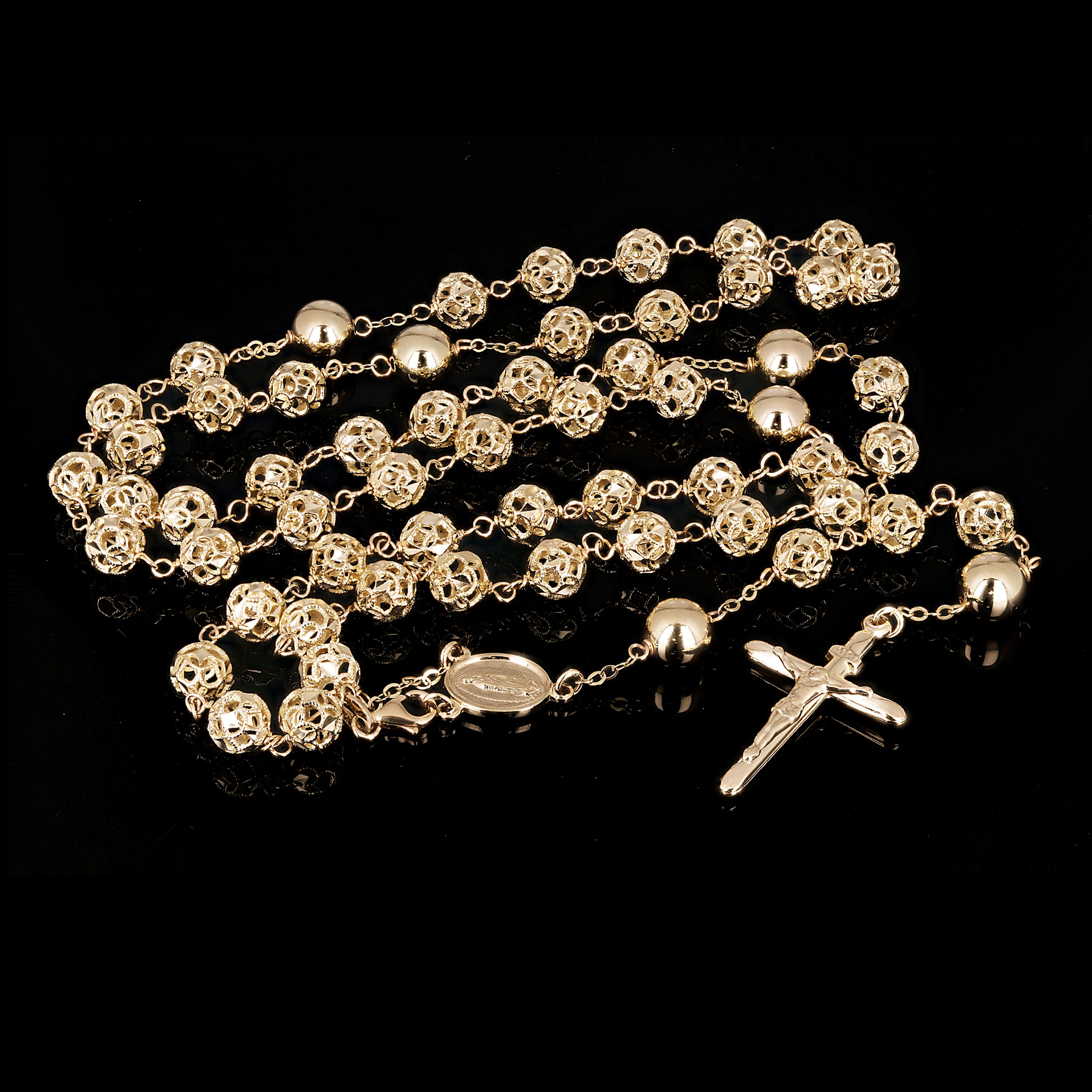 Italian 14k Yellow Gold Diamond-Cut Beaded Rosary Necklace 7mm 29" 32.6 grams