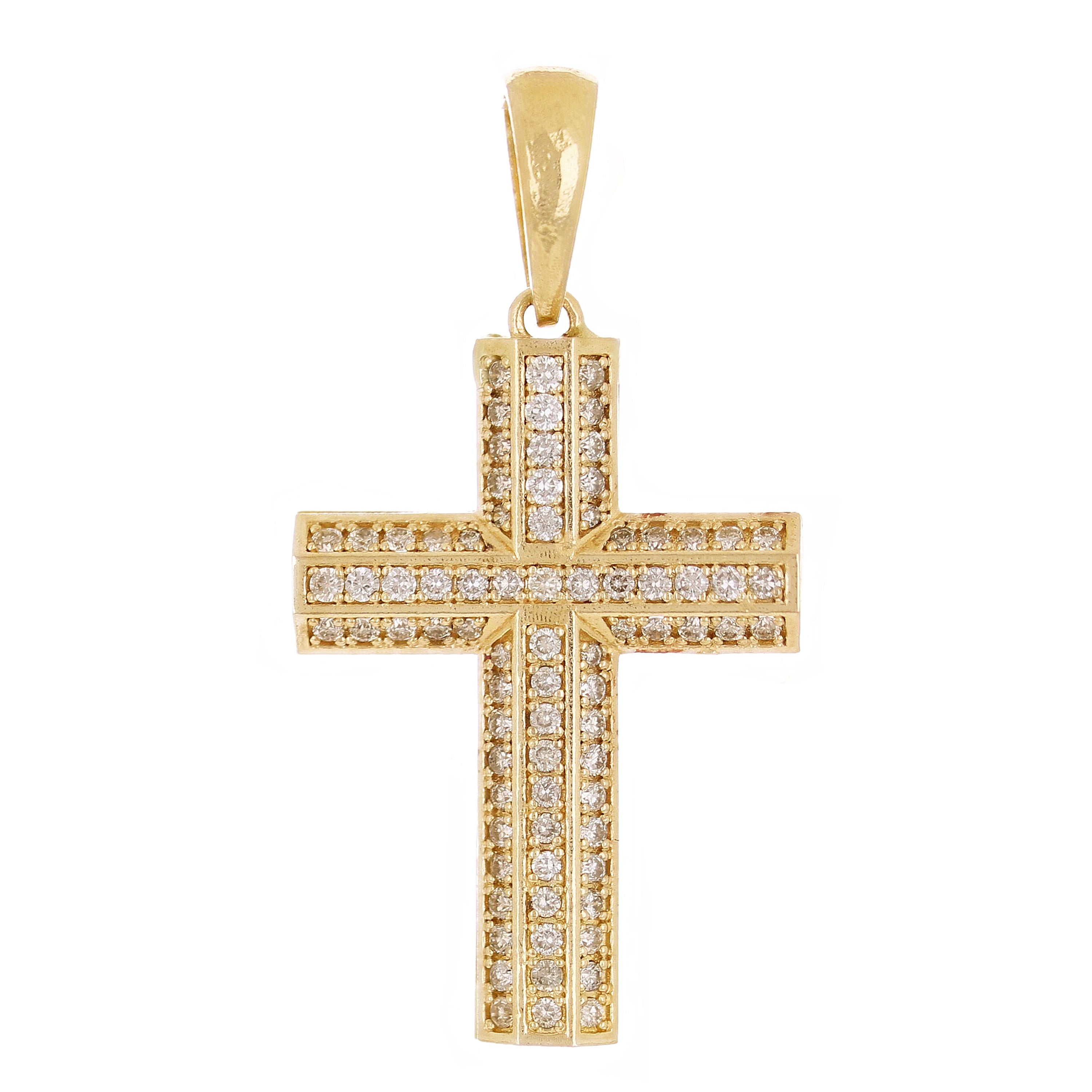 14k Yellow Gold 0.81ctw Diamond 3 Row Cross Pendant 1.5" 4.6 grams