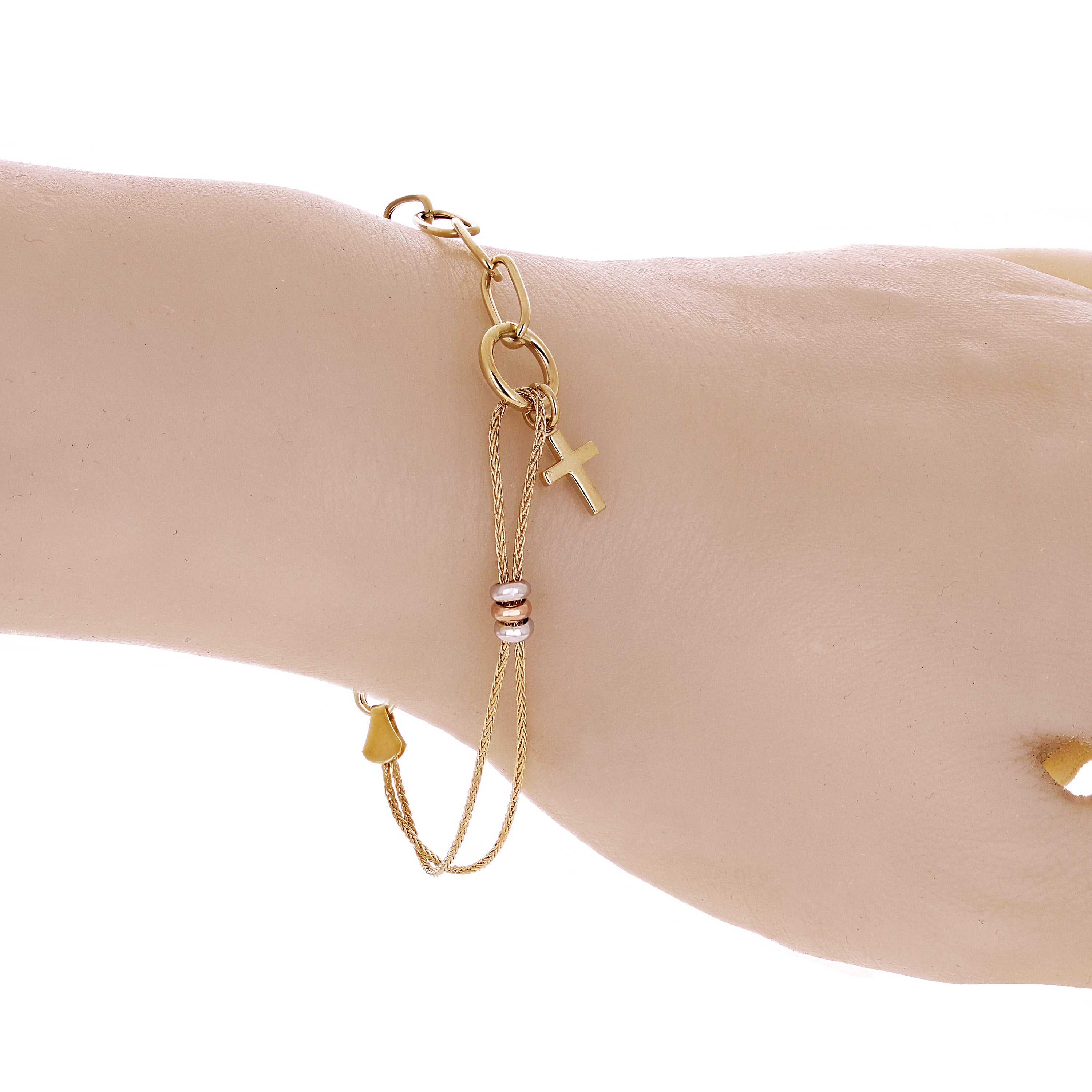Italian 14k Tri Color Gold Wheat & Paper Clip Cross Charm Bracelet 7.5" 3 grams