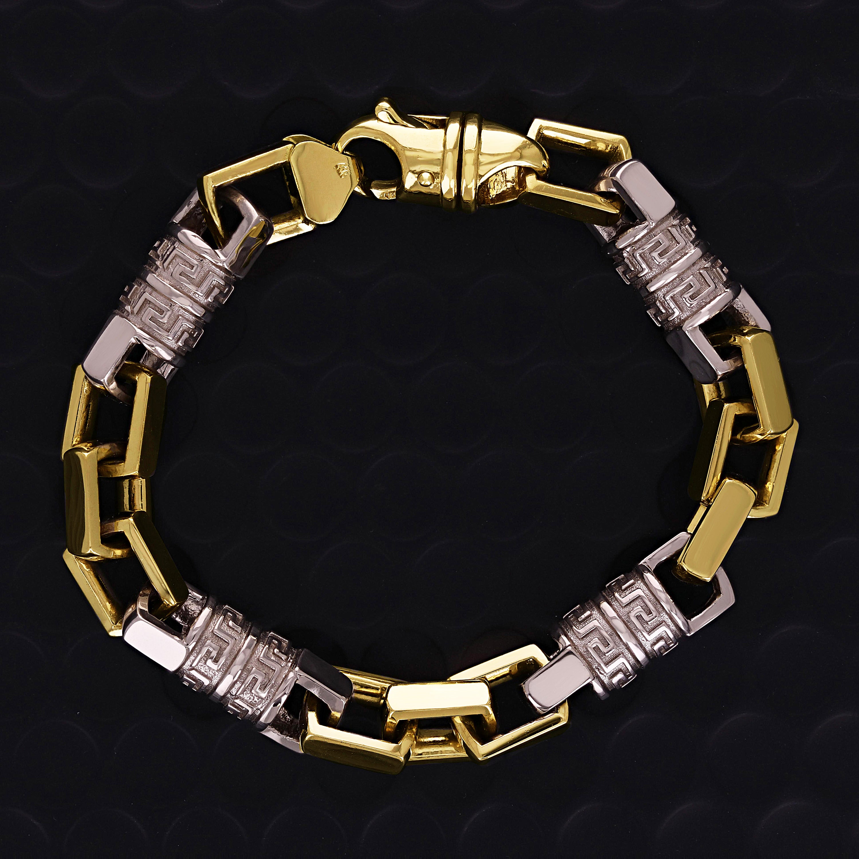 14k Two Tone Gold Solid Handmade Greek Key Link Bracelet 11mm 8.5" 97.6 grams - 8.5" 97.6 grams