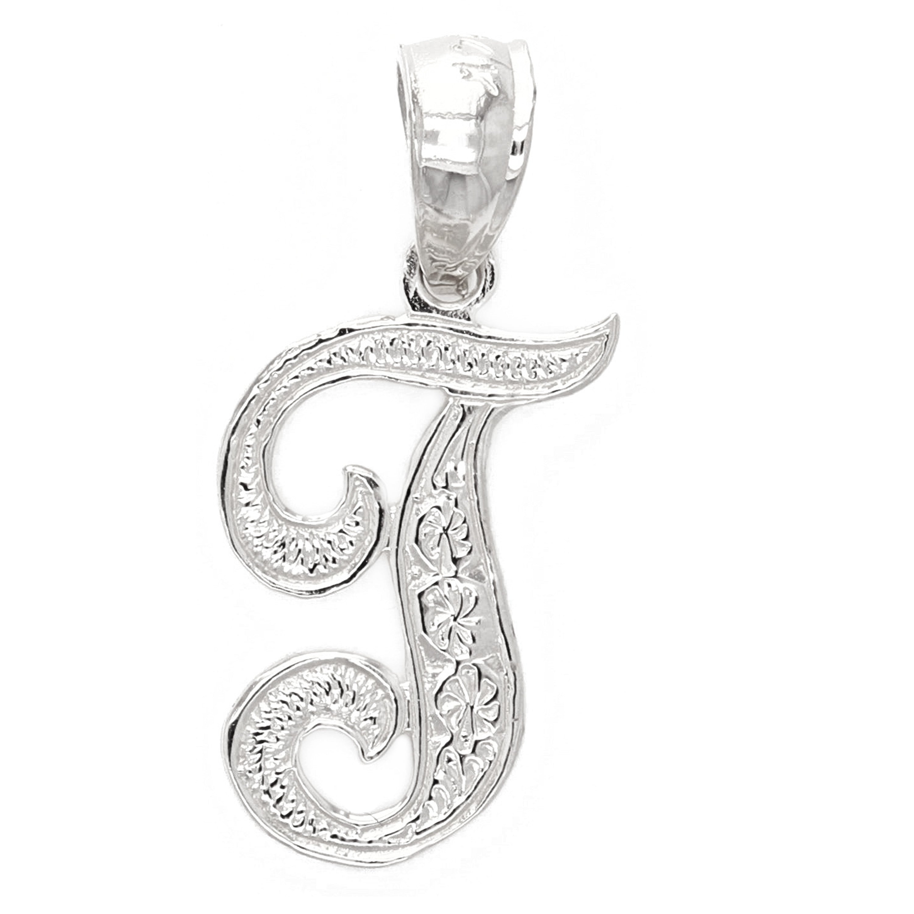 14k White Gold Initial Letter T Alphabet Charm Pendant - Letter T,White