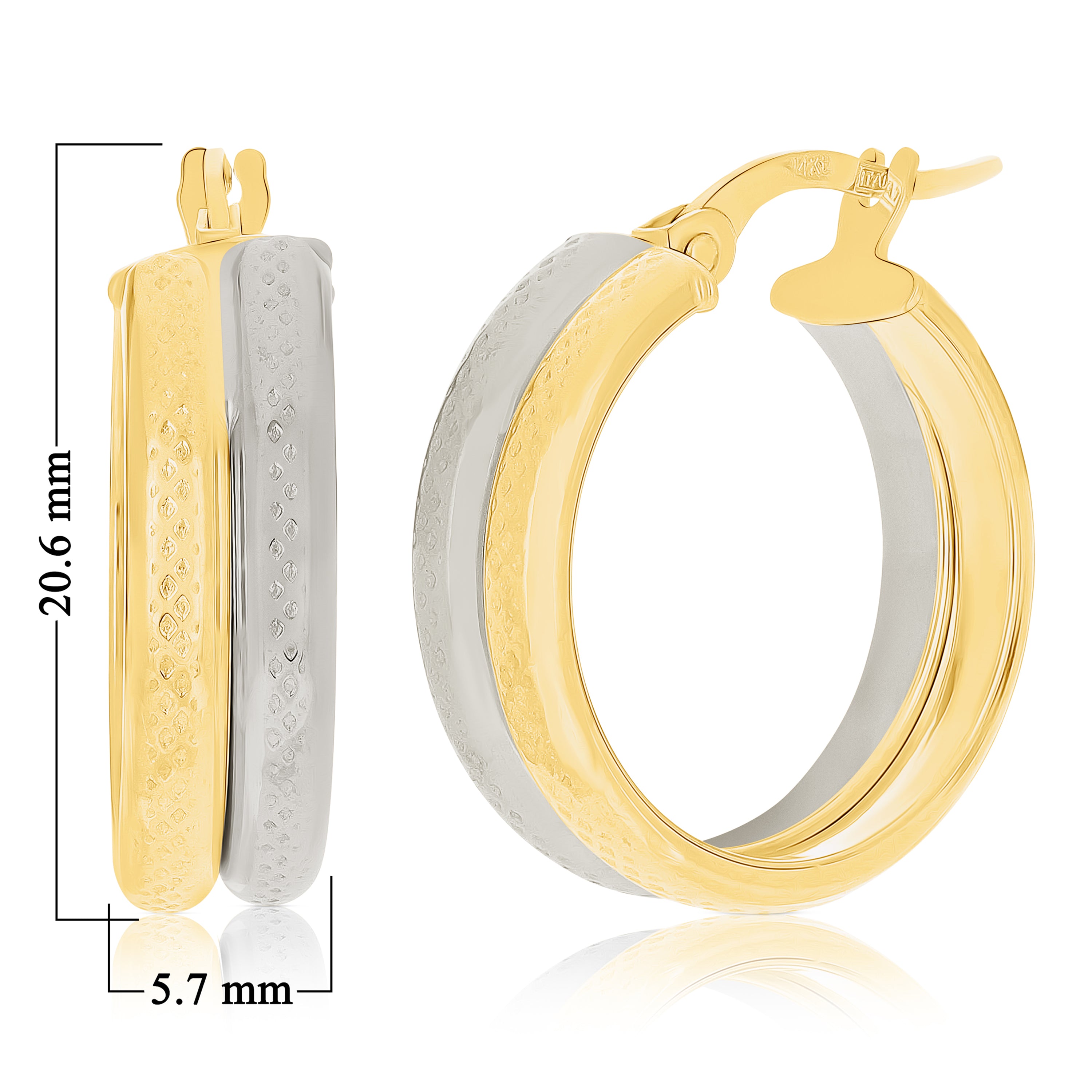 Italian 14k Yellow & White Gold Waffle Snare Design Double Hollow Hoop Earrings