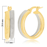 Italian 14k Yellow & White Gold Waffle Snare Design Double Hollow Hoop Earrings