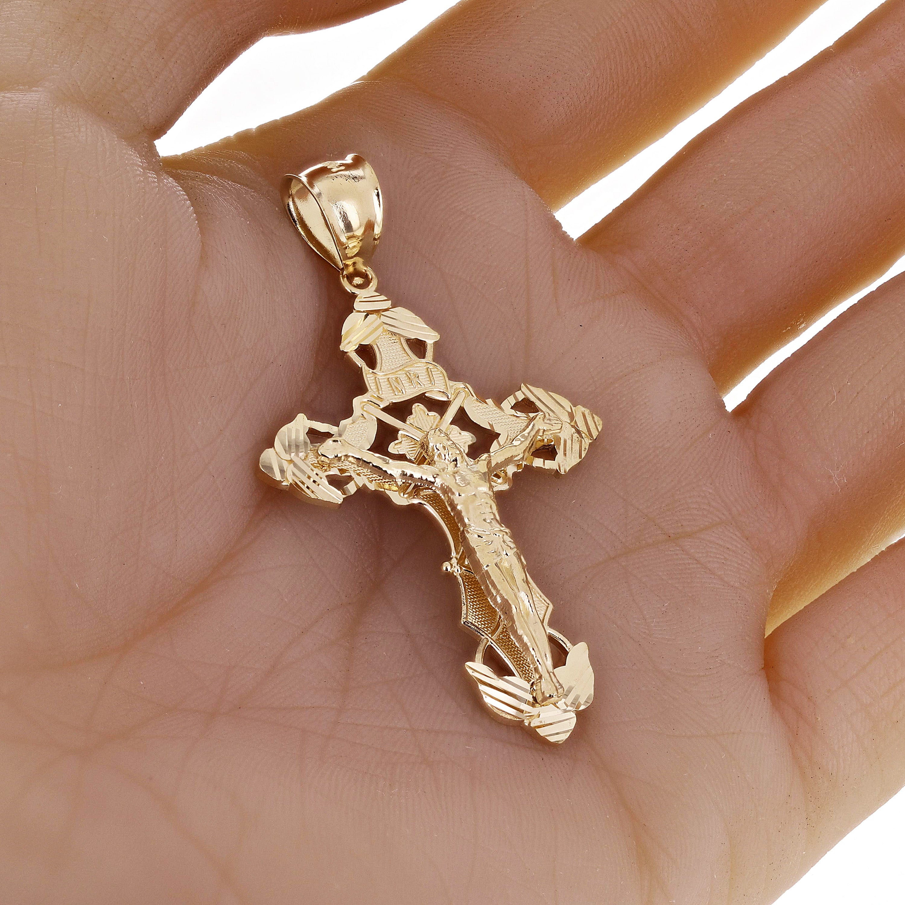 14k Yellow Gold INRI Christ Passion Cross Crucifix Pendant 2.2" 7 grams