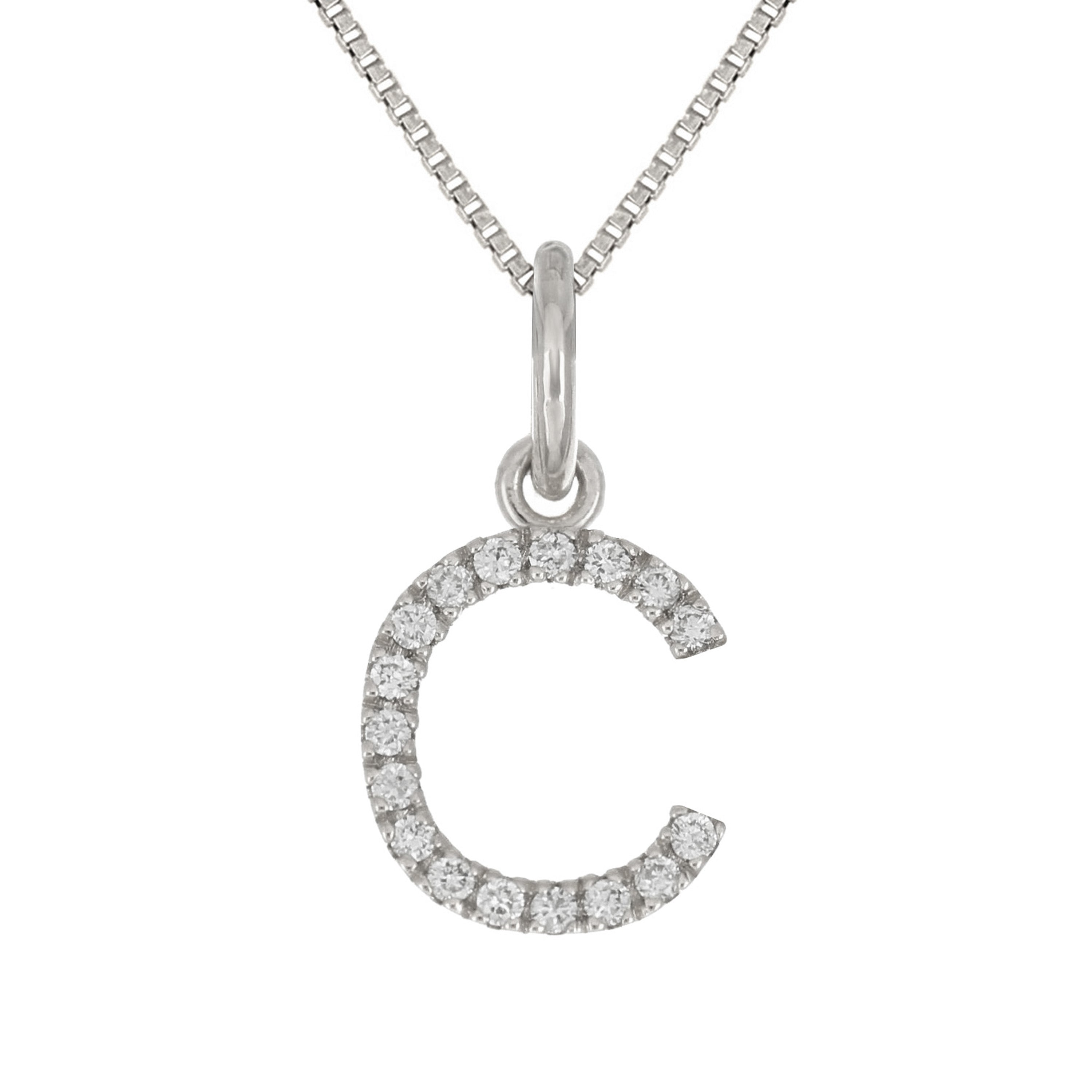 14k White Gold Diamond Initial Letter C Charm Pendant Necklace 18" - Letter C,White