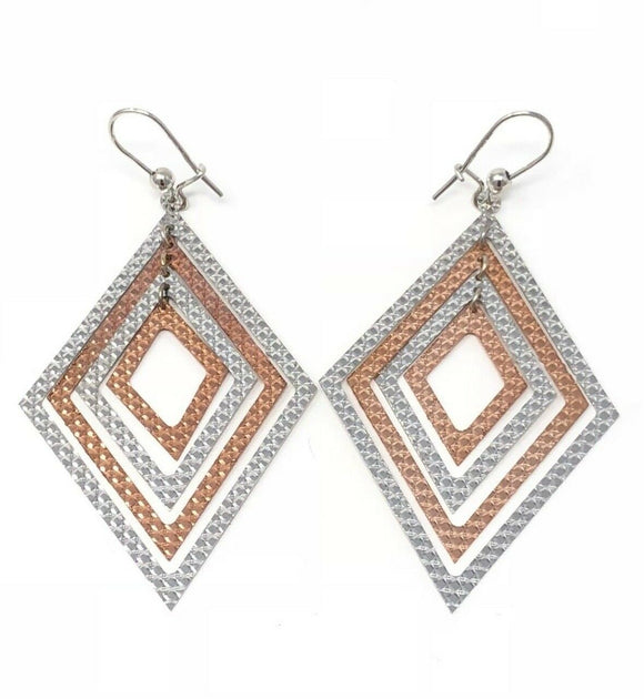 Italian 14k Two Tone Gold Diamond Cut Diamond Shape Dangle Earrings 2.6