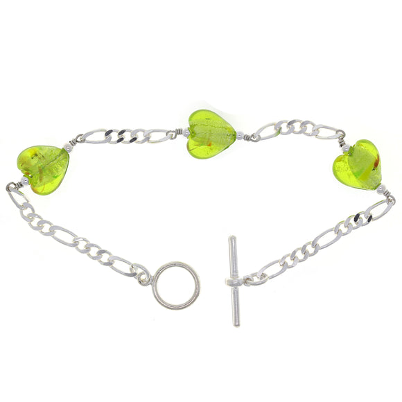 925 Sterling Silver 4 Green Heart Murano Glass Figaro Link Charm Bracelet 7