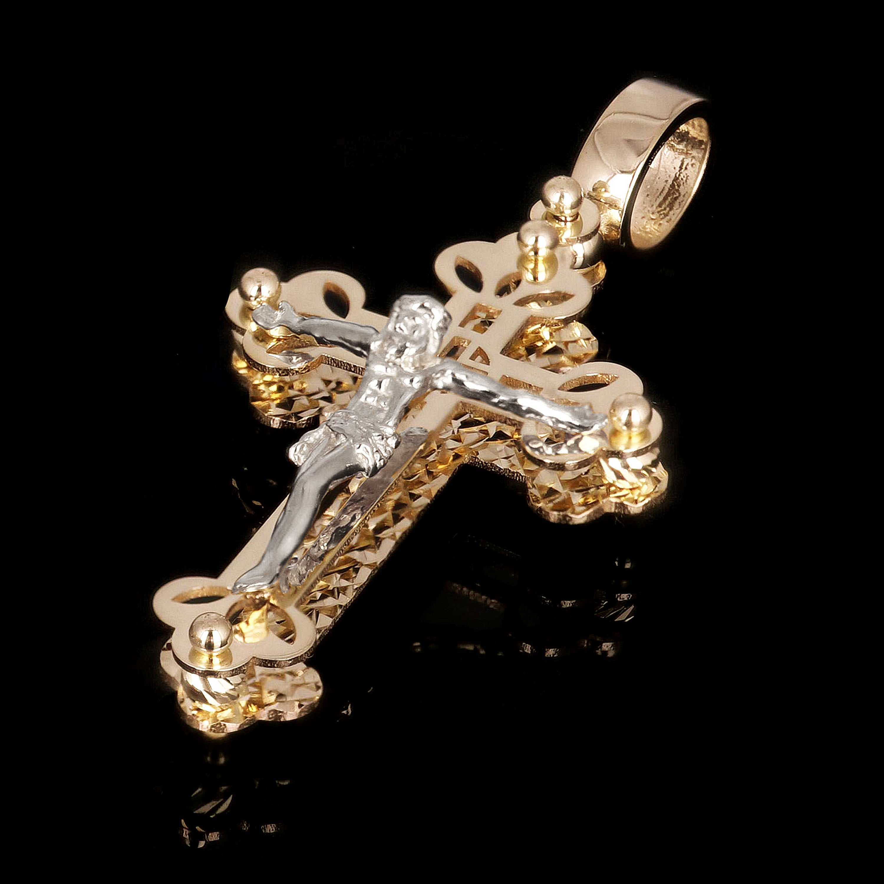 Italian 14k Two-Tone Gold 3D Double Sided Crucifix Cross Charm Pendant 1.6" 3.5g
