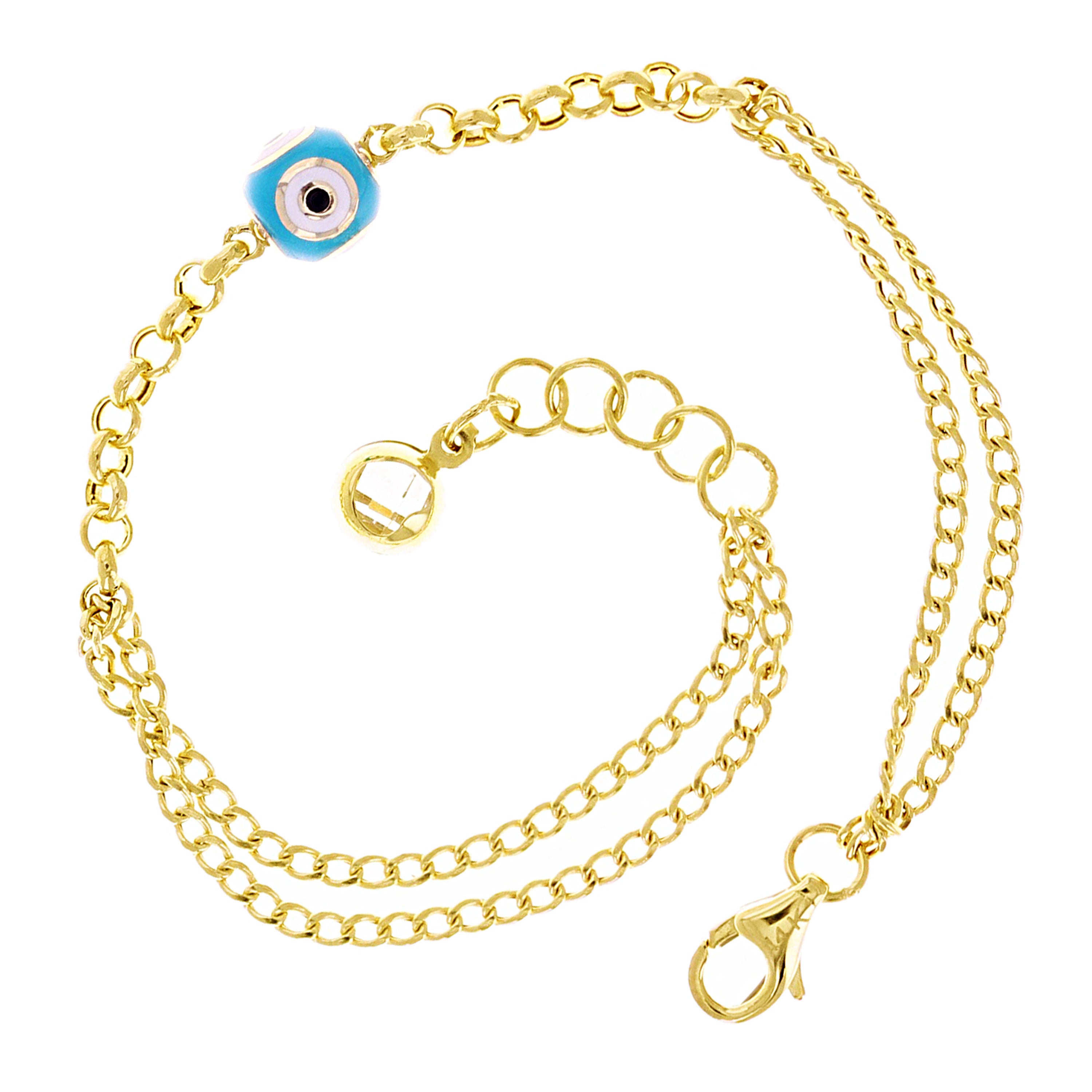 Italian 14k Yellow Gold Double Cuban Chain Evil Eye Charm Bracelet 7" 2.9 grams