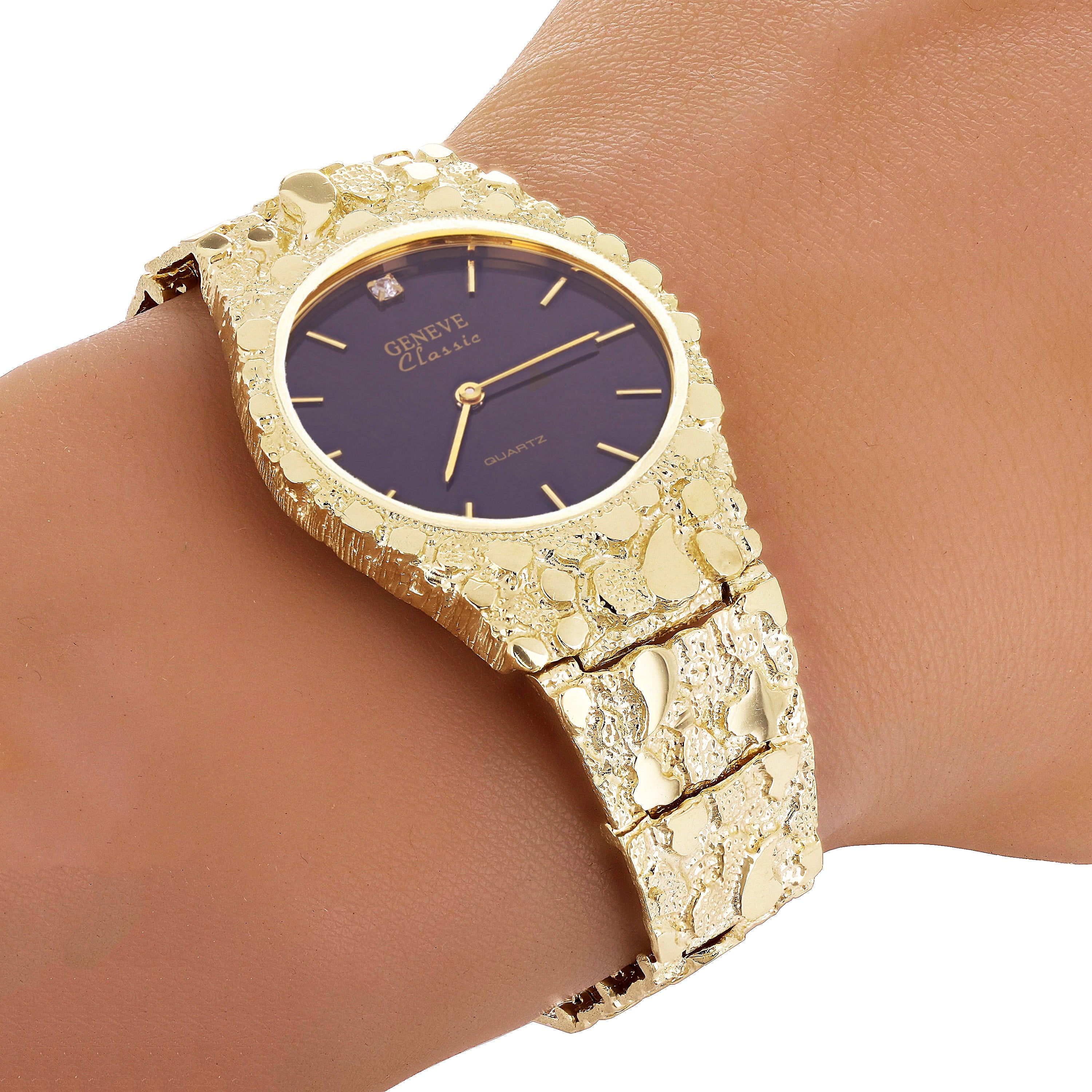 10k Yellow Gold Nugget Link Wrist Band Geneve Diamond Watch 7.-7.5" 47 grams - 7.5" 47 grams