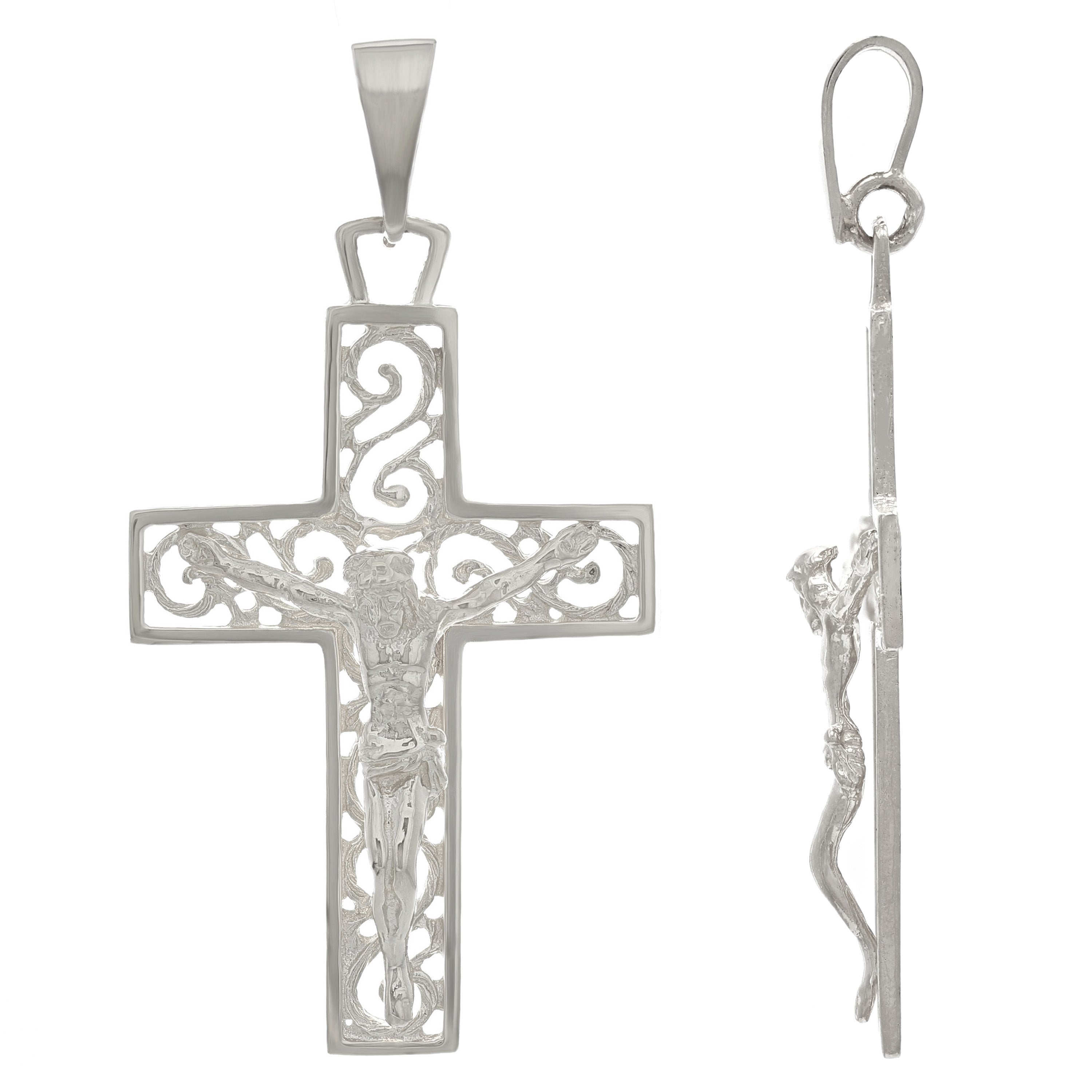 14k White Gold Religious Filigree Crucifix Cross Charm Pendant 2" 5.2 grams - White