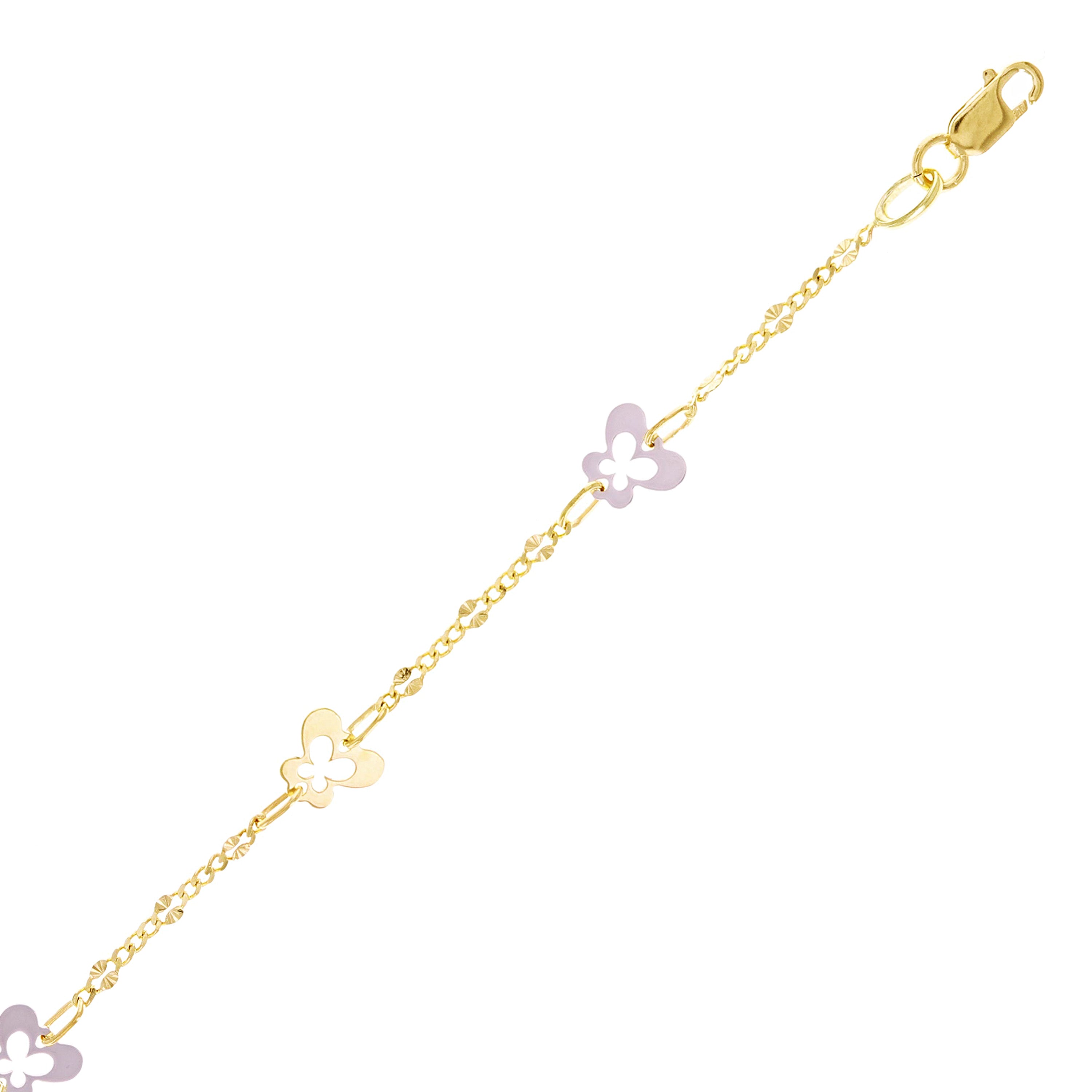 Italian 14k Yellow & White Gold Station Butterfly Charm Bracelet 6.75" 1.7 grams