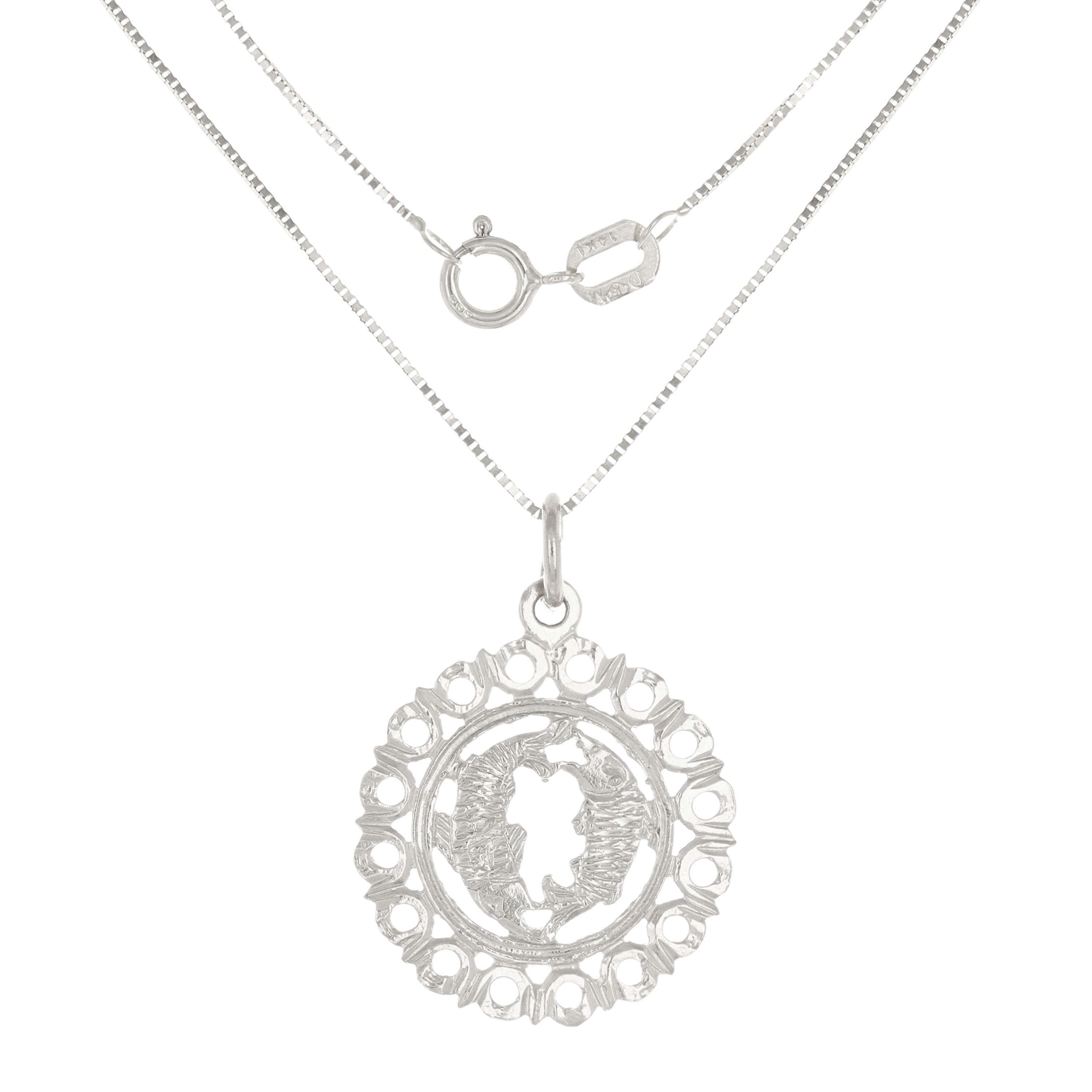 14k White Gold Zodiac Sign Pisces Pendant Necklace 18" - Pisces,White