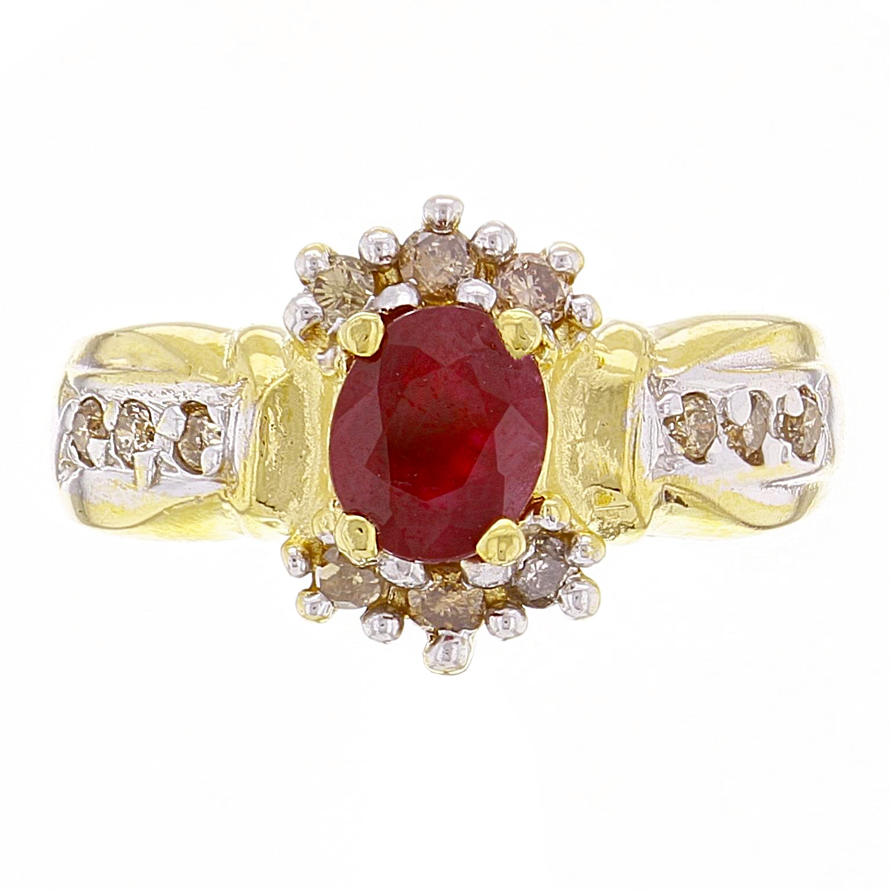 14k Yellow Gold Oval Ruby & Champagne Diamond Cluster Ring Size 6.5