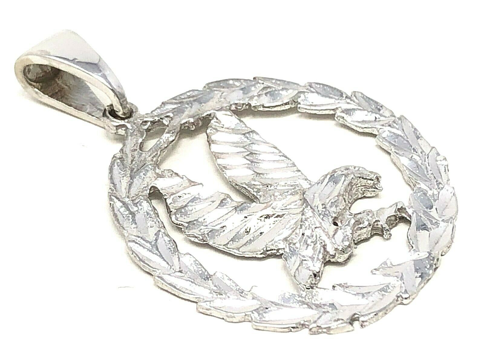 14k White Gold Solid Diamond Cut Flying Eagle in Wreath Charm Pendant 1.38" 4.5g