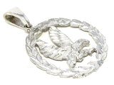 14k White Gold Solid Diamond Cut Flying Eagle in Wreath Charm Pendant 1.38" 4.5g