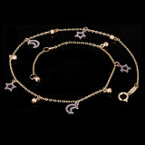 Italian 14k Two Tone Gold Moon Star Ball Beads Charm Anklet/Bracelet 10" 1.7g