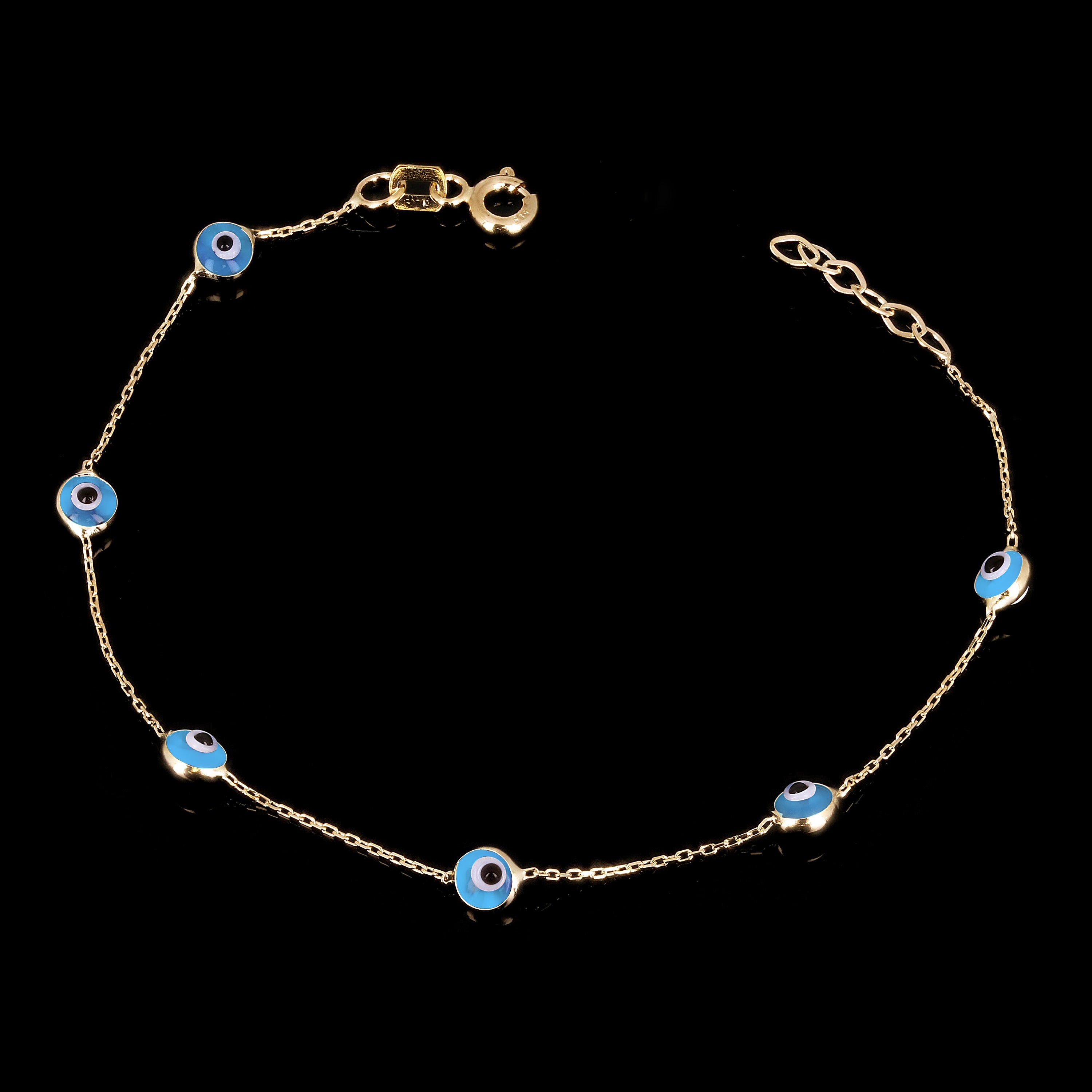 Italian 14k Yellow Gold Enamel Evil Eye Station Bracelet 7.5" 4.3mm 1.1 grams - 6 Eyes