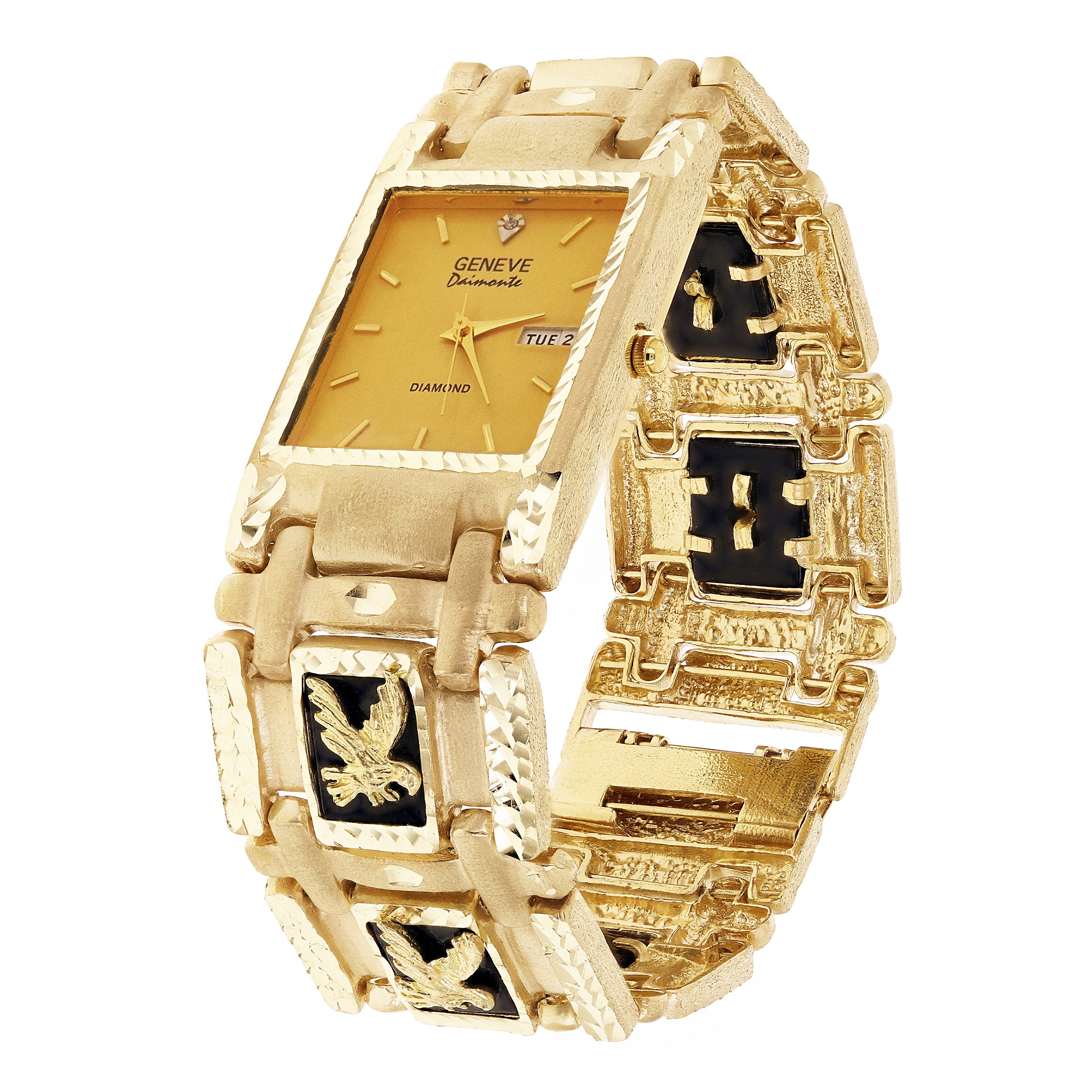 14k Yellow Gold Watch Band Eagle&Black Onyx Geneve Diamond Watch 7.5" 73.4 grams - With Seconds 7.5" 73.4 grams