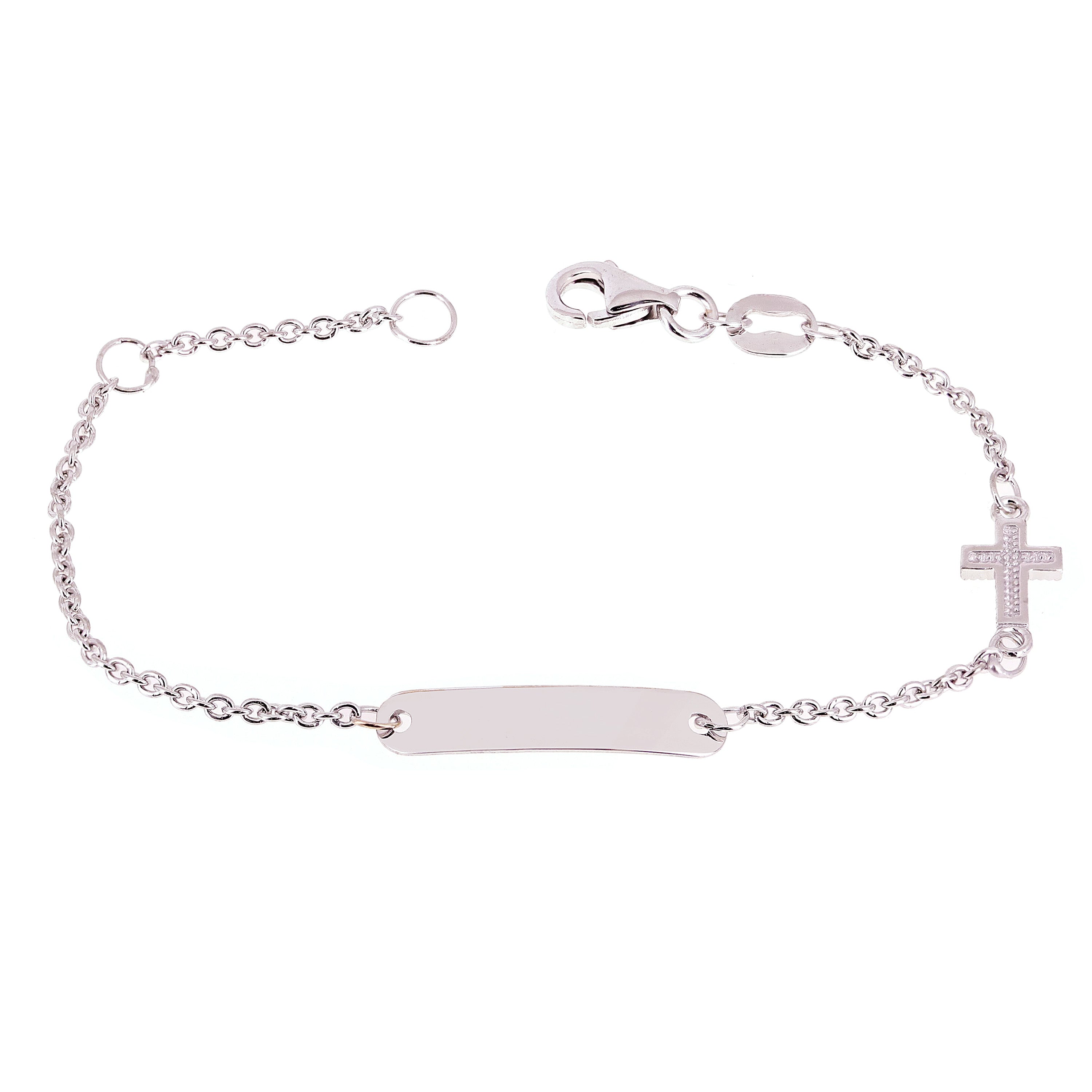 Italian 14k White Gold Engravable Rosary Cross Baby Kids ID Bracelet 5.5" 1.8g - White
