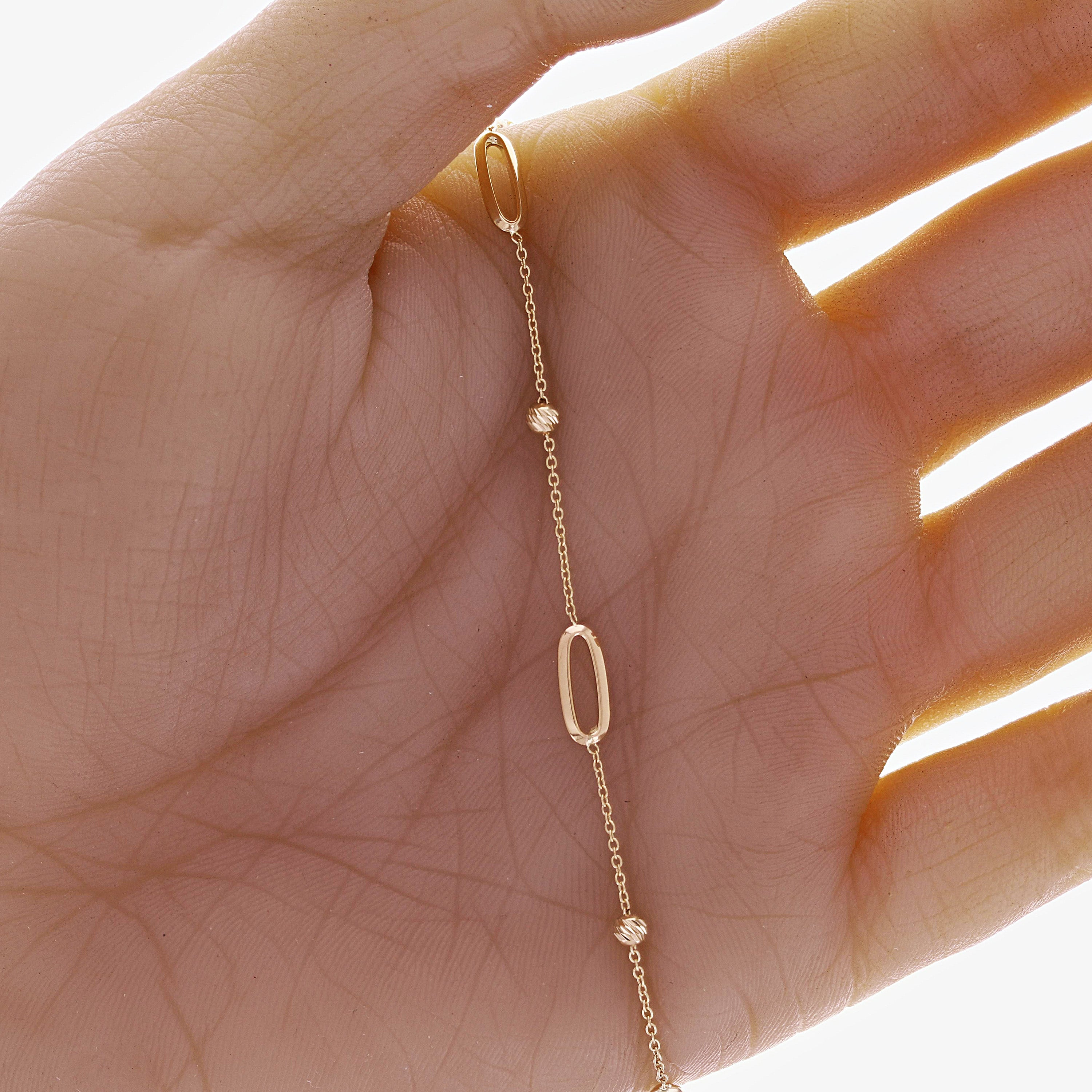 Italian 14k Yellow Gold Ball Beads & Paper Clip Link Bracelet 7" 1.6 grams