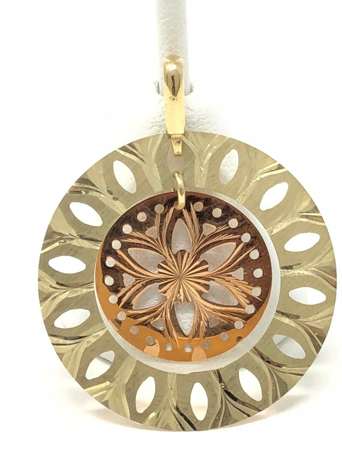 Italian 14k Two Tone Gold Flower Round Disc Earrings & Pendant Set 5.8g