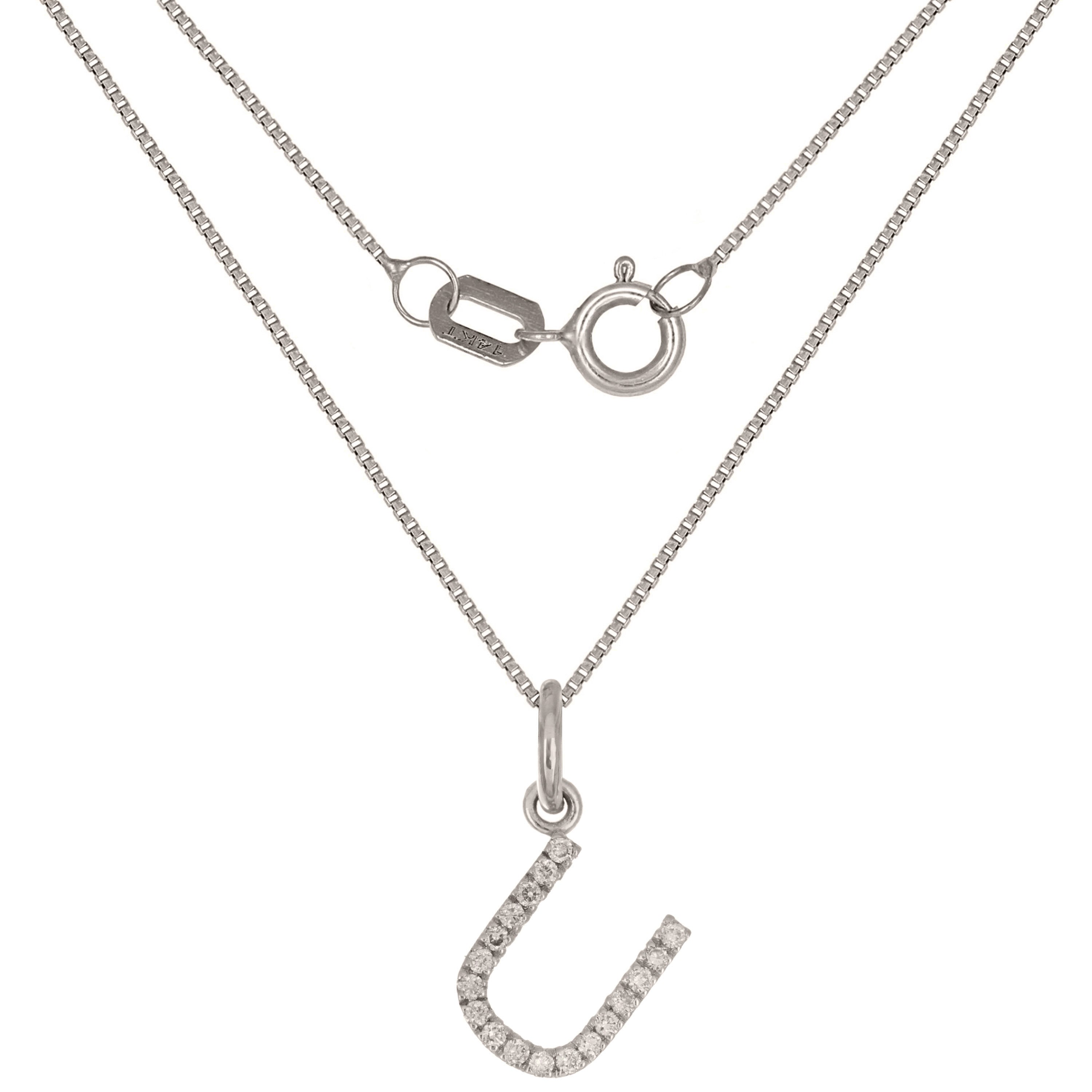 14k White Gold Diamond Initial Letter U Charm Pendant Necklace 18" - Letter U,White