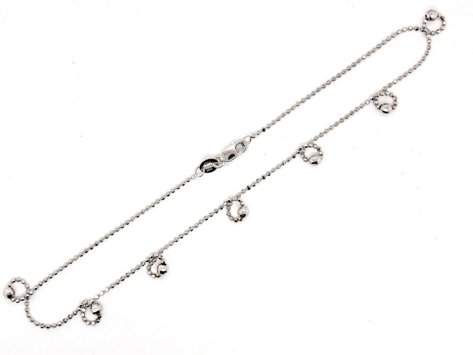 Italian 14k White Gold Diamond Cut Ball Bead Link Charm Anklet/Bracelet 10" 2.5g
