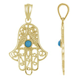 14k Yellow Gold Hamsa Hand Of Fatima with Turquoise Evil Eye Charm Pendant 2g - Yellow