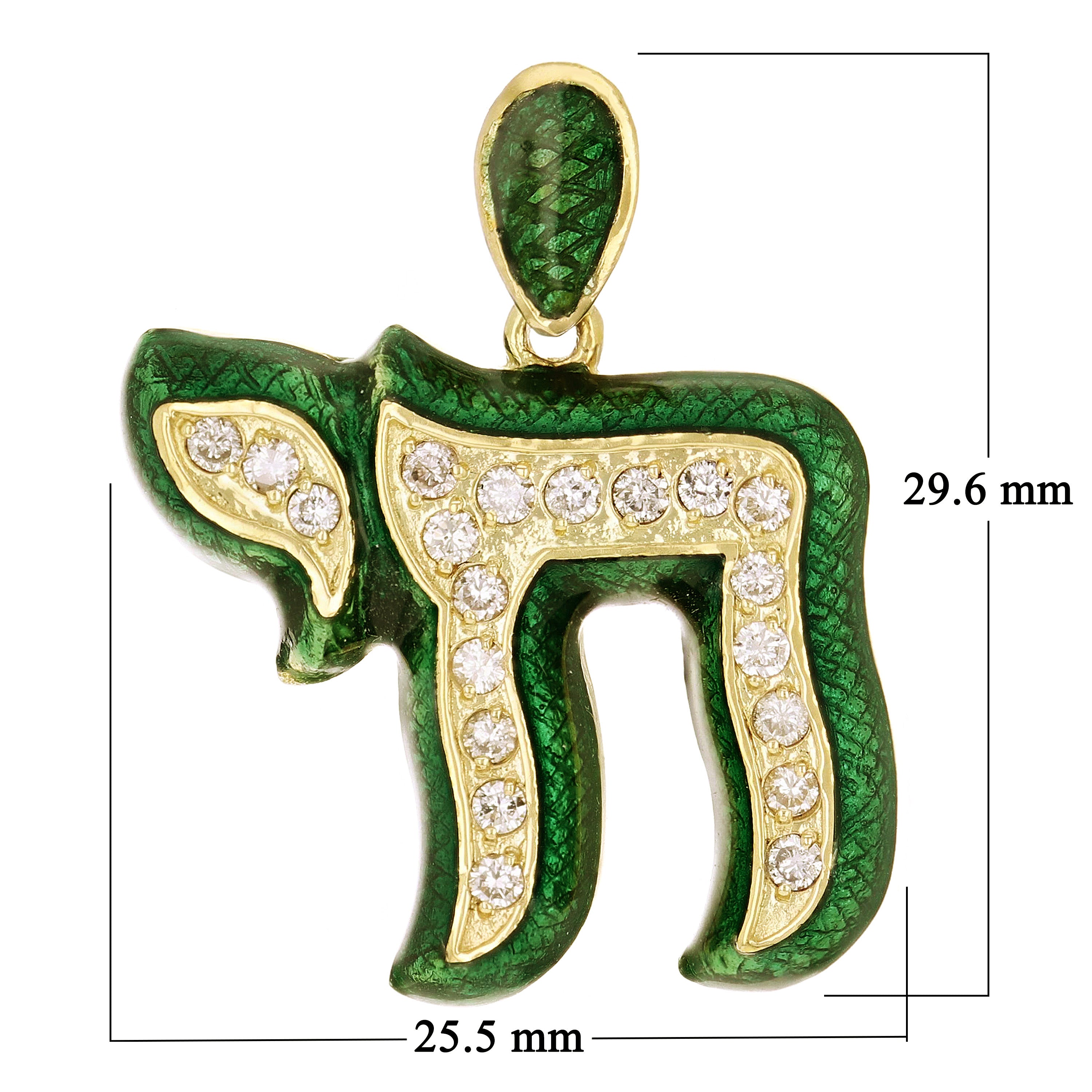 14k Yellow Gold Green Enamel Hebrew Jewish Chai Symbol Life with Diamonds Pendant - Green