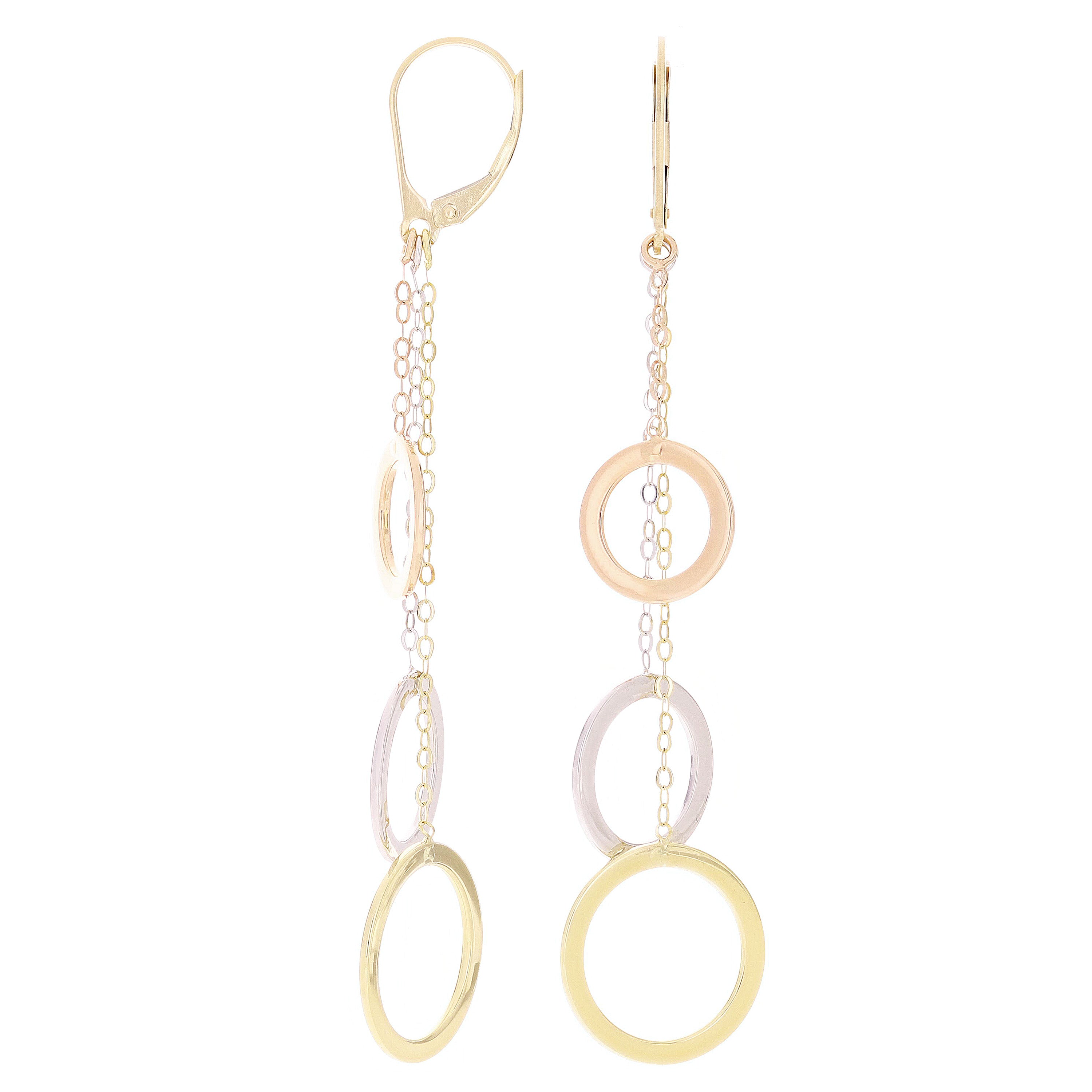 Italian 14k Yellow White & Rose Gold Shiny Circle Chain Linear Dangle Earrings 2.9"