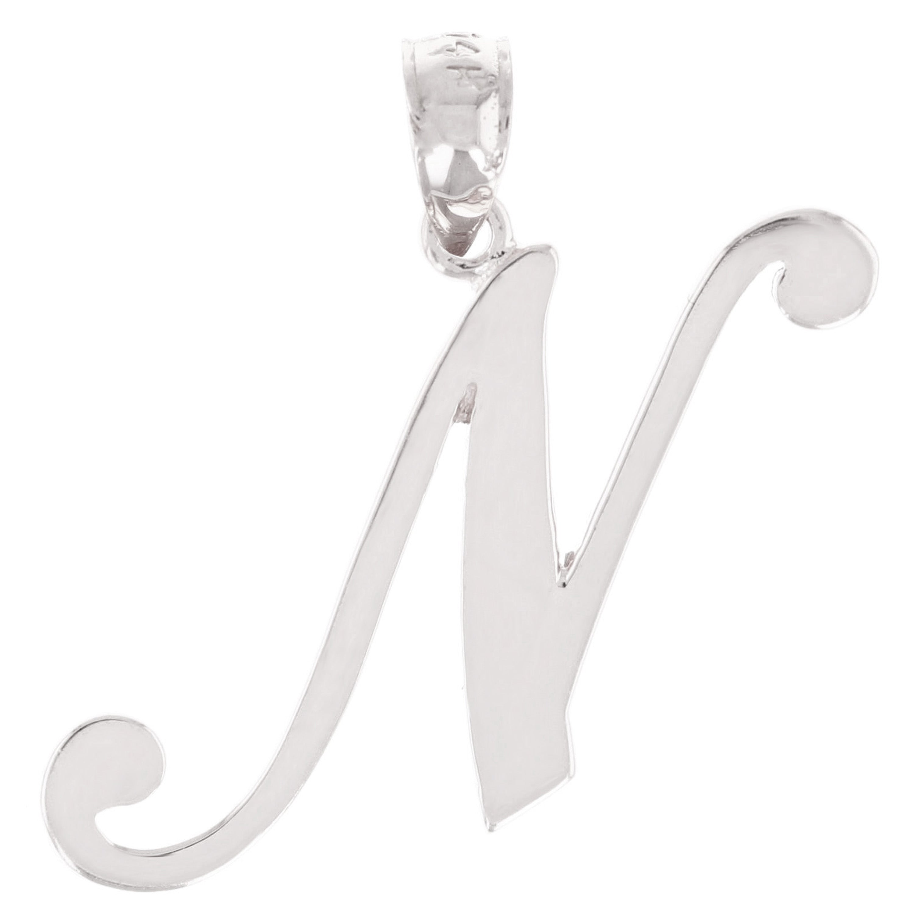14k White Gold Initial Letter N Alphabet Charm Pendant - Letter N,White