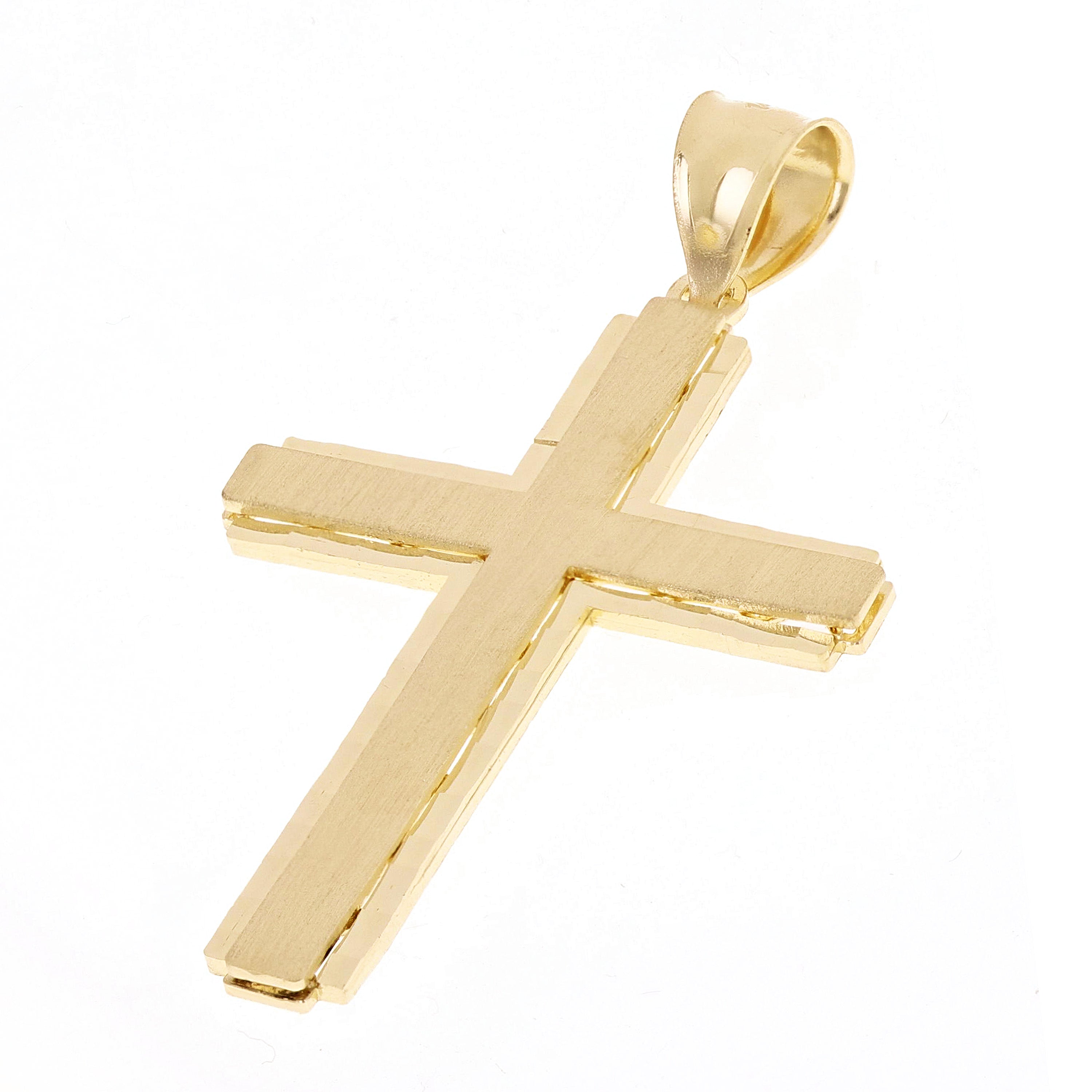 14k Yellow Gold Solid Diamond Cut Satin Cross Pendant 1.9" 3.7 grams