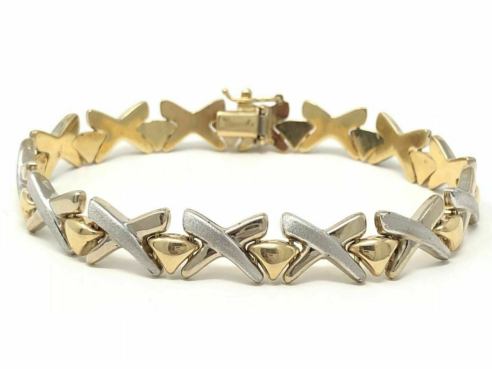 Italian 14k Two Tone Gold Fancy X Criss Cross Bracelet 7" 9mm 11 grams