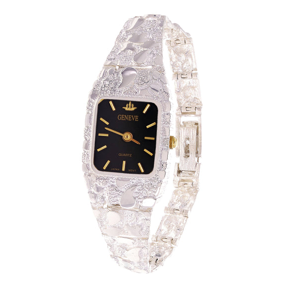 Women's 925 Sterling Silver Nugget Link Geneve Wrist Watch 7.5-8