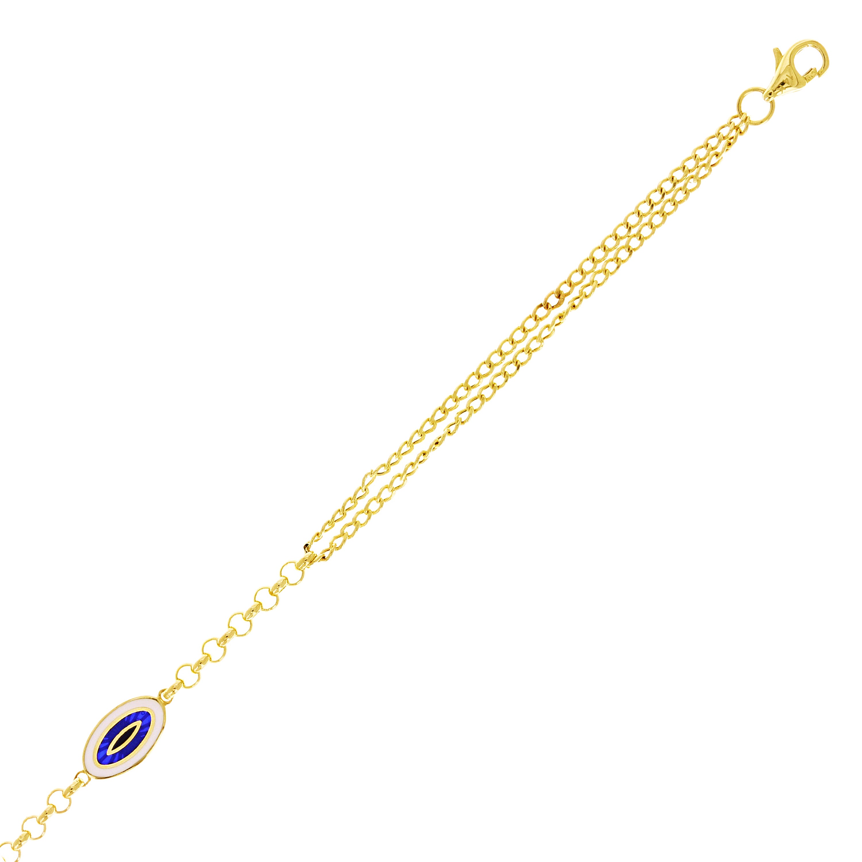 Italian 14k Yellow Gold Double Cuban Chain Evil Eye Charm Bracelet 7.5" 2.8grams